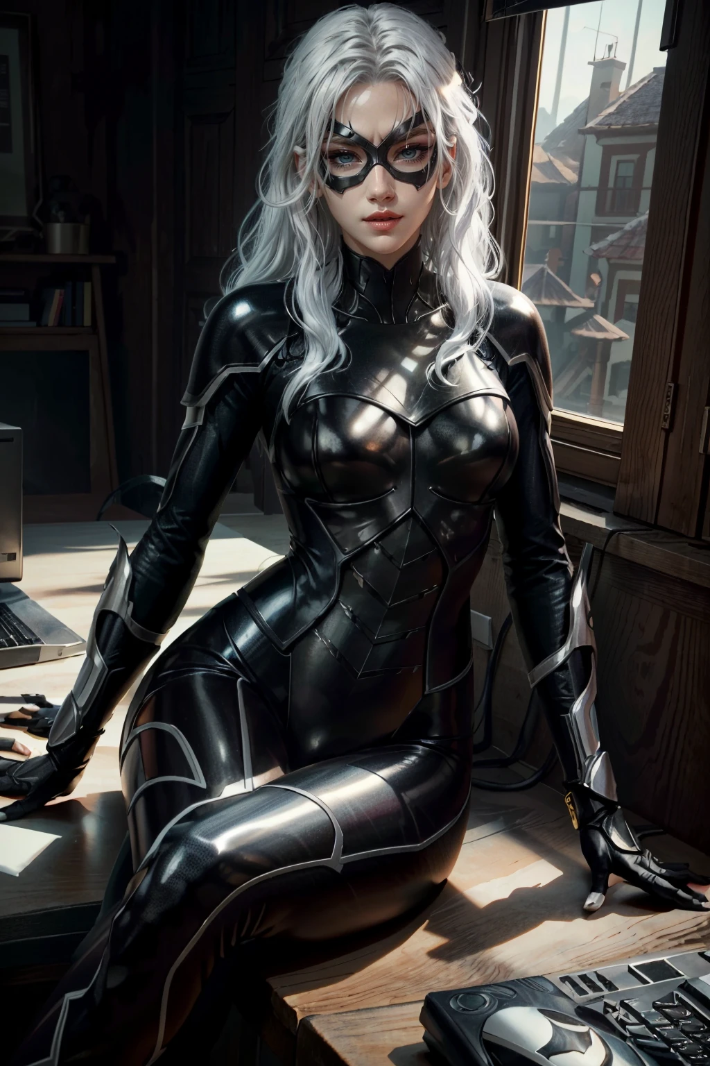 (masterpiece, best quality) <lora:epi_noiseoffset2:1> <lora:add_detail:0.7> <lora:MarvelBlackCat:0.8>
MarvelBlackCat, 1girl, solo, long hair, white hair, mask, seductive, sitting at a desk, gaming pc, white lighting, HD, illustration, epic, fantasy, intricate, elegant, amazing detail, digital painting, artstation