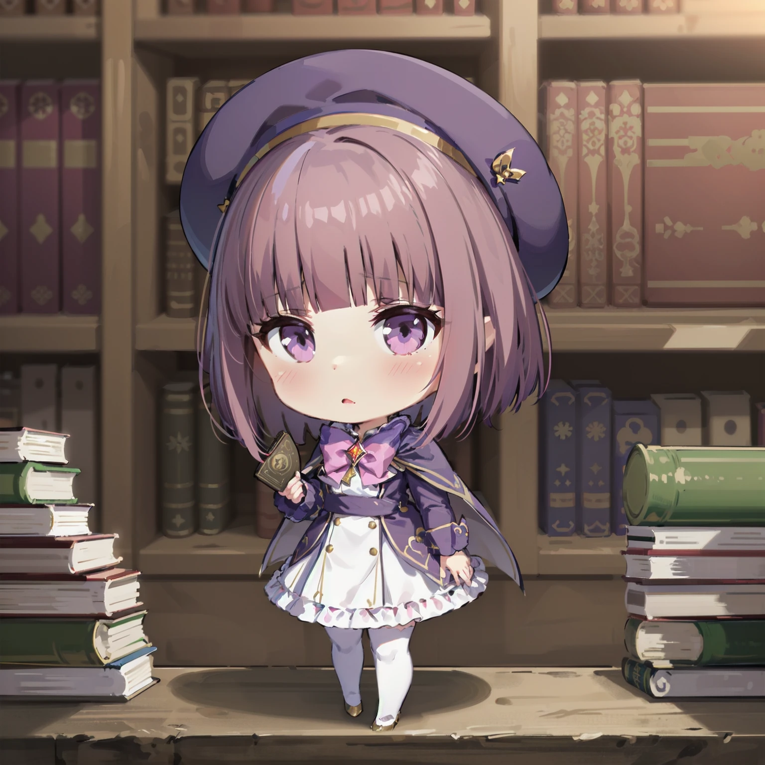 absurdres, high detail, uhd, library, bookshelf, book stack,
holding book, raise book,
chibi, solo, sakisa, short hair, magica2020, purple headwear, gem, beret, aiguillette, purple cape, bowtie, pink bow, white dress, long sleeves, white thighhighs, high heel boots,
<lora:MGCM-akisa-t1:0.7>