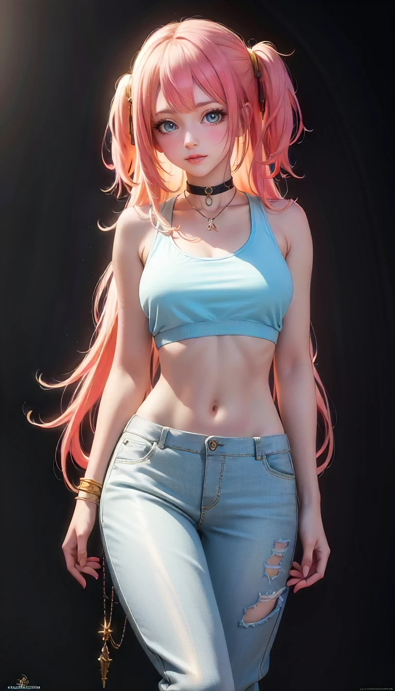 masterpiece, best quality,
1girl, solo, light blue, peach, long, one side up hair, hair, tank top cropped pants choker, fantasy rivers daytime, whole body
, delicate, beautiful, colorful, vividcolor, lighting, high resolution illustration, 8k wallpaper, highres, Cinematic light,