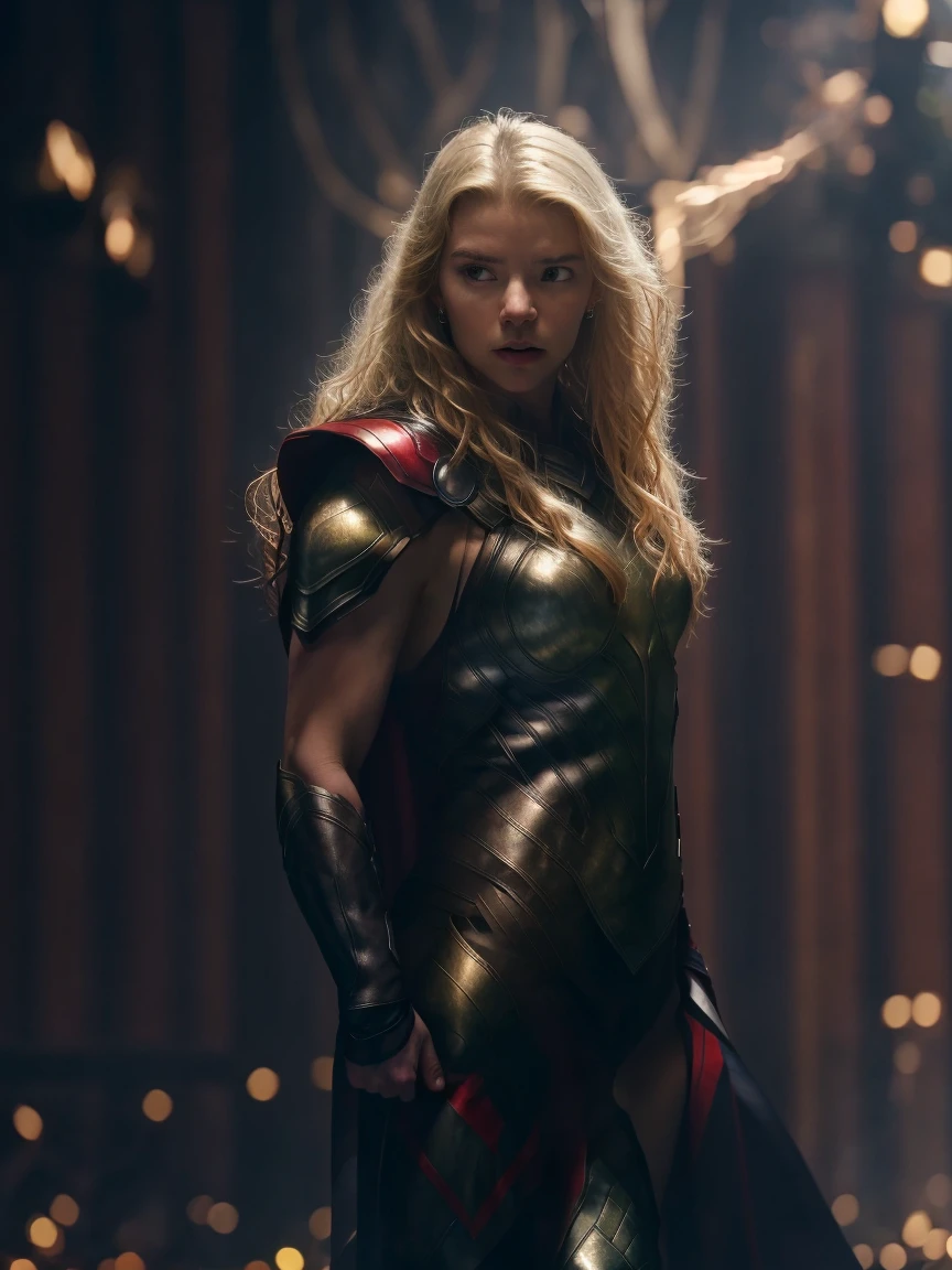 any4tayl0r,a woman,bokeh,fullbody,cinematic light,DSLR,masterpiece,high detailed,as Thor,<lora:any4tayl0r:1>,fighting pose,