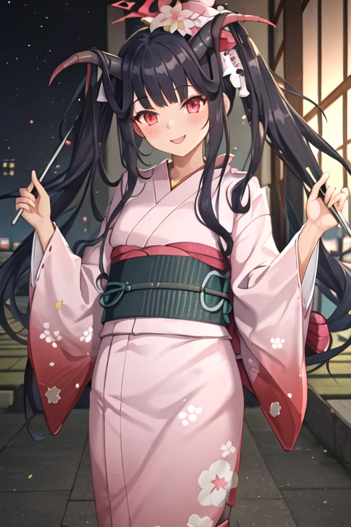 best quality, masterpiece, highres, solo, {yukata:1.40}, {kimono:1.20}, {fuuka_bluearchive:1.15}, horns, long_hair, black_hair, halo, red_eyes, blush, bangs, twintails, apron, smile, demon_horns, hair_on_horn