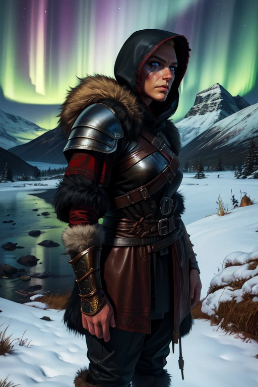 Eivor, scar on face,blonde hair, serious,
armor , leather armor, , fur trim,jewelry, boots, pants, hood up,
upper body, standing,
northern lights, mountains, cold,
(insanely detailed, beautiful detailed face, masterpiece, beautiful detailed eyes, best quality)
<lora:Eivor-10v6:0.7>