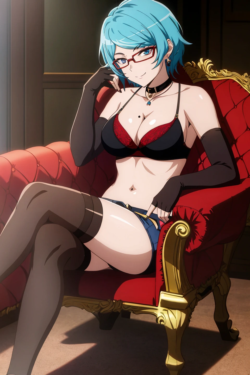 asfi, anime_art_style, 1girl, solo, breasts, looking_at_viewer, smile, short_hair, blue_eyes, skirt, large_breasts, indoor, thighhighs, gloves, cleavage, jewelry, medium_breasts, sitting, closed_mouth, underwear, blue_hair, collarbone, full_body, earrings, detached_sleeves, glasses, shorts, choker, elbow_gloves, midriff, shiny, fingerless_gloves, bra, mole, shiny_hair, short_shorts, chair, crossed_legs, red_gloves, head_rest, brown_thighhighs, red_thighhighs, rimless_eyewear, red_bra, brown_bra