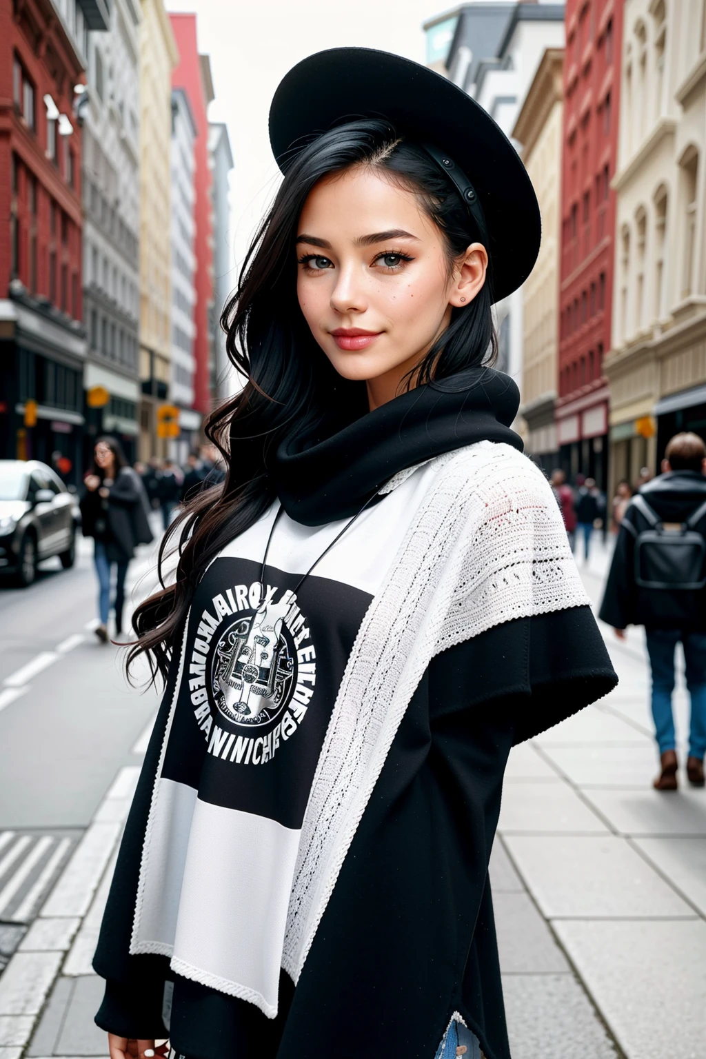 ((Masterpiece, best quality,edgQuality)), seductive smile,standing,posing for a picture,cowboy shot,
beautiful edgCN_woman,edgCN_face,edgCN_body,
<lora:edgCanadian_Doll_Likeness:0.65>
edgADC_fashion, a woman walking down a street wearing a black and white poncho ,wearing edgADC <lora:edgAutumnDressCode:0.775>