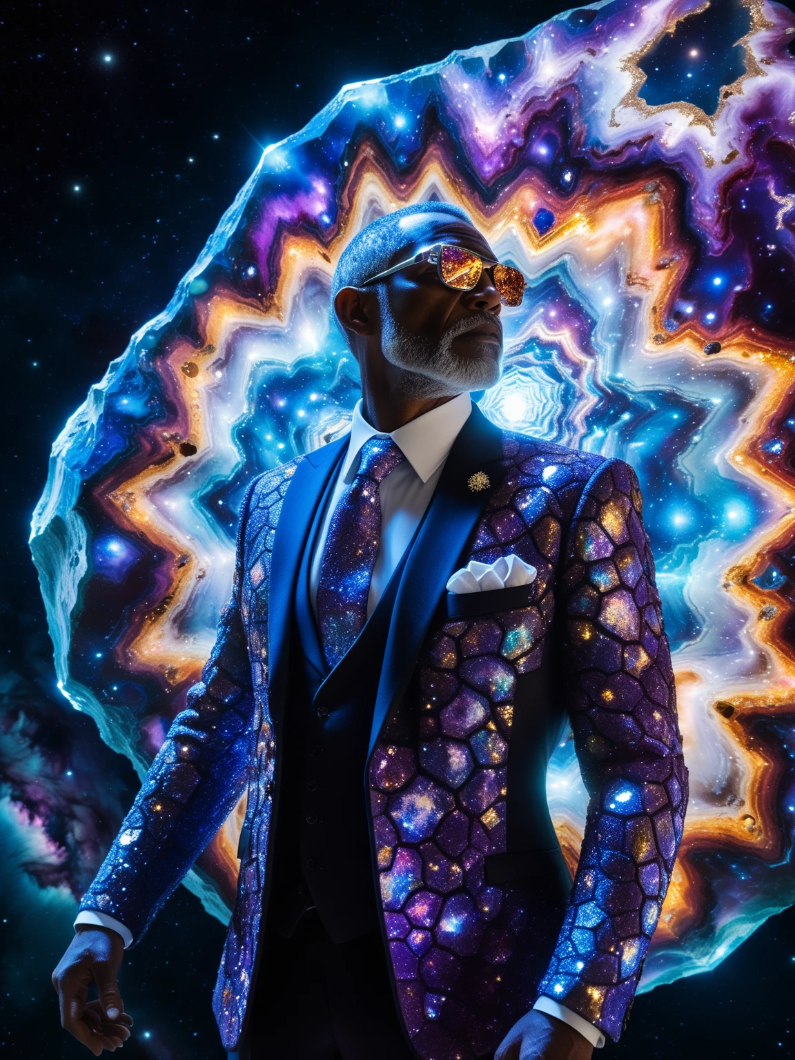 Amidst the infinite canvas of space, a character wearing a suit covered in reflective crystal structures floats near a colossal geode asteroid. Their suit is adorned with intricate metallic patterns resembling mathematical tesselations and glowing lines of energy. The asteroidâs cracked open surface reveals a dazzling array of colorful, luminescent crystals arranged in perfect Fibonacci spirals. The characterâs eyes, filled with stars, gaze in awe at the galactic treasure before them. In the background, nebulae and distant galaxies add to the fantastical scene, their lights creating a kaleidoscopic effect on the characterâs suit and the geodeâs crystals. The deep silence of space is contrasted by the vibrant, energetic display of cosmic beauty.
<lora:fractal-art.v1:1>