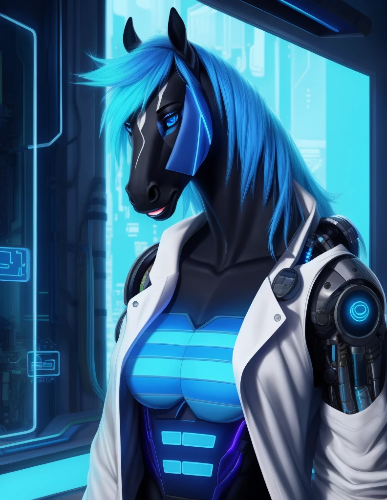 cyberpunk, portrait, cybernetic horse, neon hair, (blue neon eyes:1.1), cybernetic limb, cybernetic arm, waring lab coat, lab room, [painting:photorealistic:0.4]