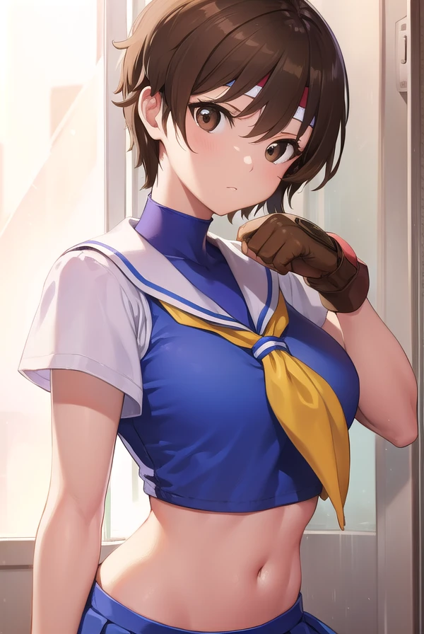 NSFW (Highest quality:1.5, High resolution, uhd, 4K, Detailed lighting, Shaders), ((Kugisaki Nobara)) ,solo short hair Brown Hair Brown eyes Cool face Volleyball uniform Small breasts Sweat Super oily skin No ball No sleeve Cowboy Shot: Realistic locker room blush depressed Face distorted by pleasure Resisting Pleasure Blushing cheeks wet Nipples licked Overflowing body fluids Spurting body fluids ((Lean back)) (((Ecstasy)))++ Completely naked topless