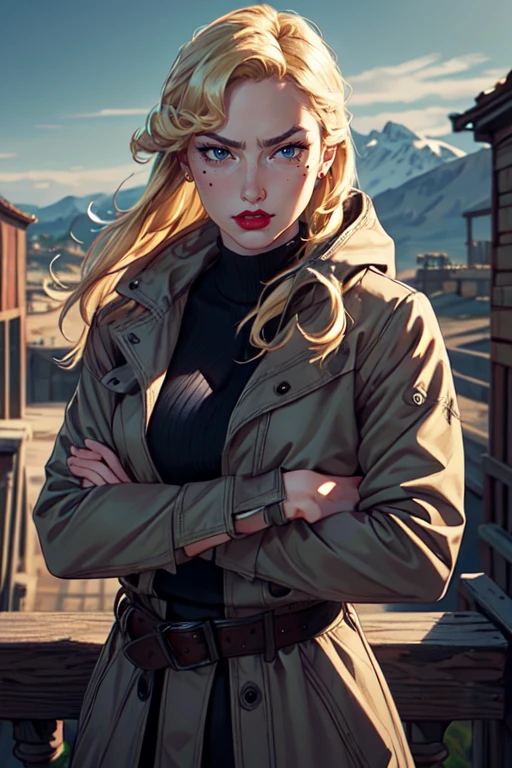(masterpiece:1.2), (best quality), (ultra detailed), (8k, 4k, intricate),(half body:1.2),(cowboy:1.2),(highly detailed:1.2),(detailed face:1.2), (detailed background),(portrait),detailed landscape,(dynamic pose:1.2),<lora:more_details:0.5>, <lora:helgaV2:0.7>helga 1girl, solo,long hair, blonde hair, mole, coat, mole under eye, makeup, crossed arms, lipstick