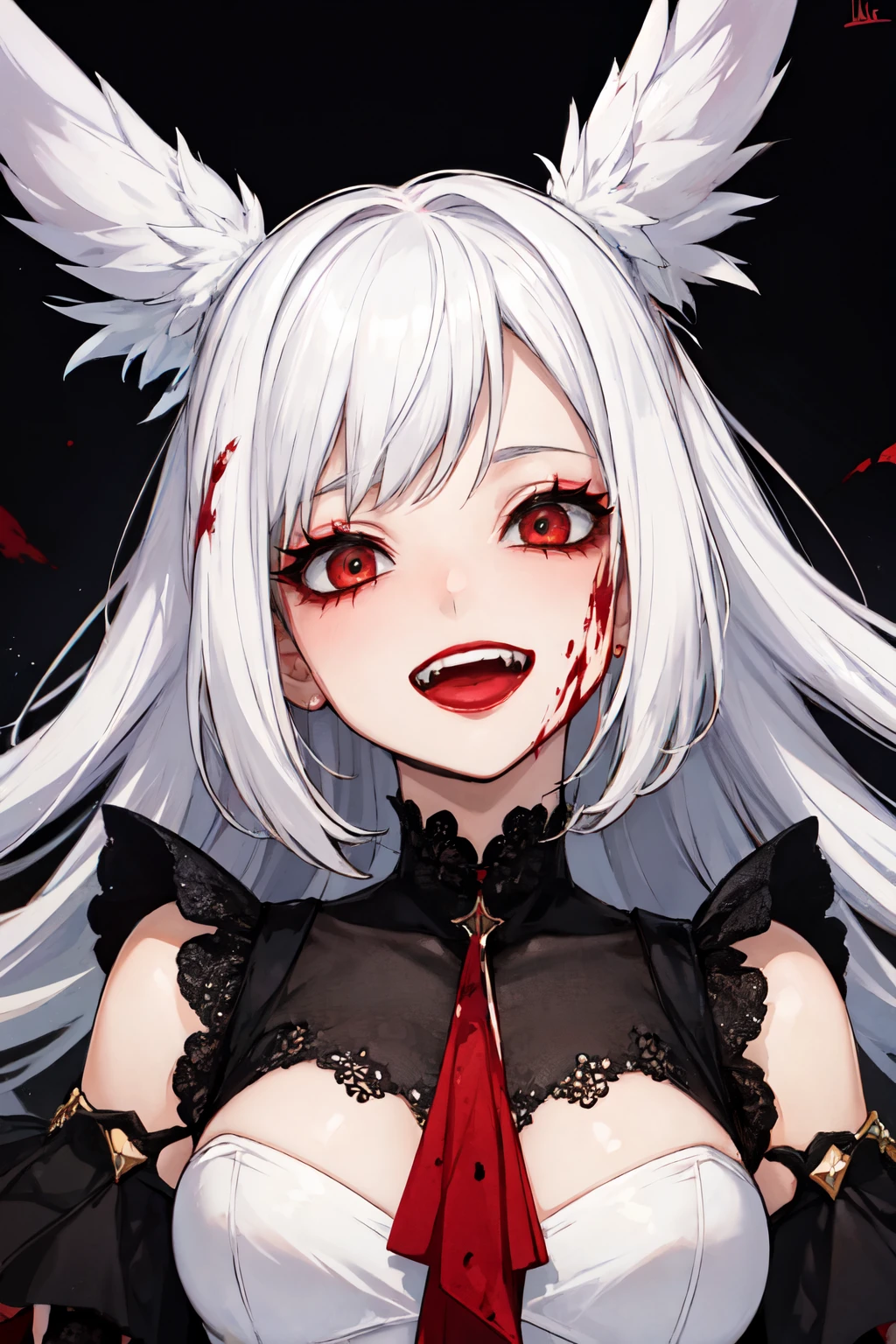 <lora:jmg_style:1>jmg style, 1girl,solo, upper body, blood on face, crazy eyes, crazy smile, open mouth, black background, makeup , red lipstick , white hair, yandere