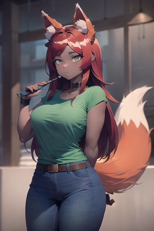 (masterpiece, best quality:1.3), zoologist, antipanel, green shirt, dark-skinned female, jeans, (cute:1.2), fox girl, red hair, fox ears, fox tail, <lora:zoologistloraX1:1> <lora:AntiPanel:-1>