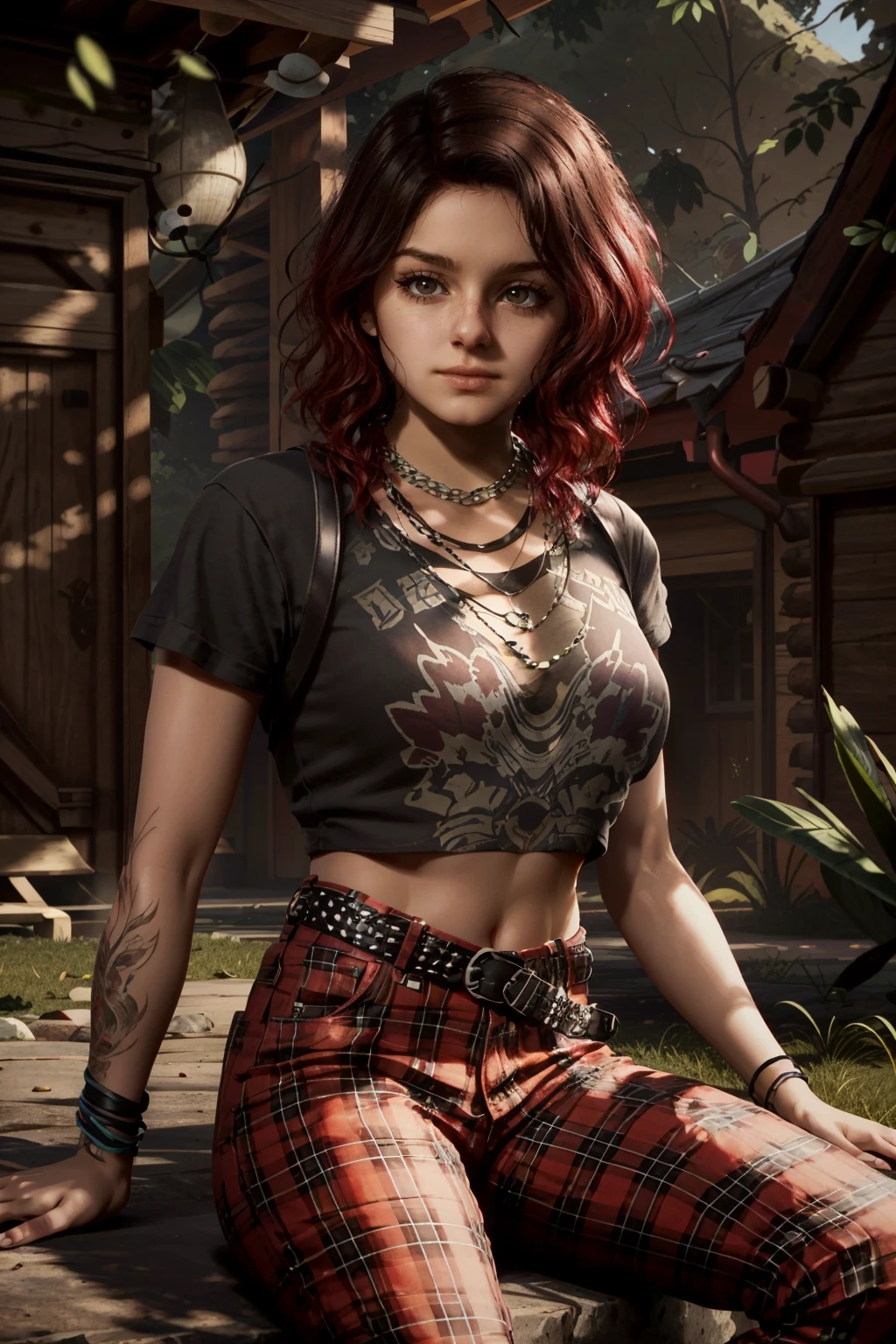 (masterpiece, best quality) <lora:epi_noiseoffset2:1>  <lora:add_detail:0.7>  <lora:QuarryAbigail:0.8>
QuarryAbigail, 1girl, solo, shirt, holding, jewelry, sitting, red hair, belt, pants, necklace, crop top, plaid, black shirt, t-shirt, red pants neck picture, highly detailed