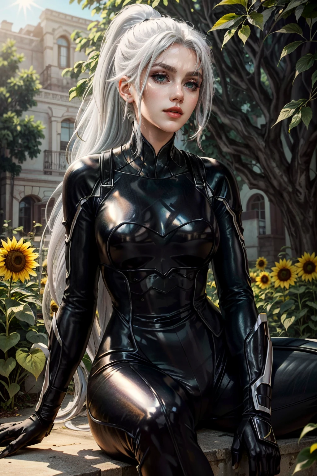 (masterpiece, best quality) <lora:epi_noiseoffset2:1>  <lora:add_detail:0.7>   <lora:MarvelBlackCat:0.8>
MarvelBlackCat, 1girl, solo, long hair, white hair,  beautiful face, ponytail, seductive, sitting in a sunflower field, looking up, sunlight glistening through trees, hyperdetailed, artstation, cgs