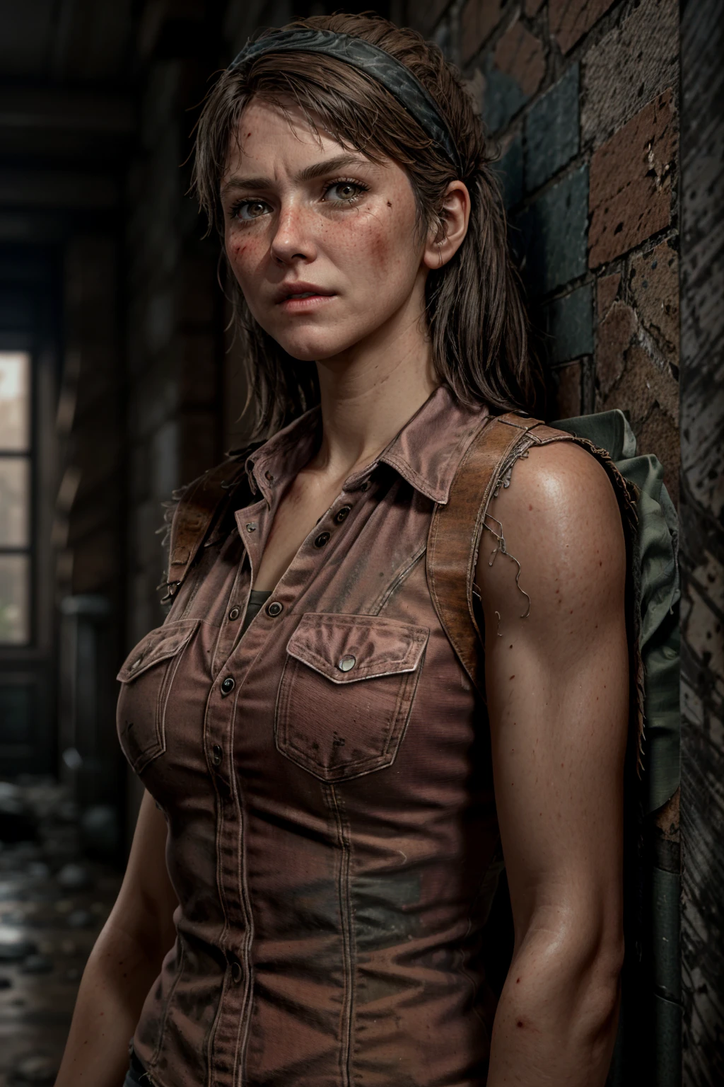 (masterpiece, best quality) <lora:epi_noiseoffset2:1> <lora:add_detail:0.7> <lora:TLOUTess:0.8>
TLOUTess, 1girl, solo, long hair, brown hair, brown eyes, upper body, sleeveless, vest, lips, blood, denim, pocket, injury, realistic 2, trending on artstation