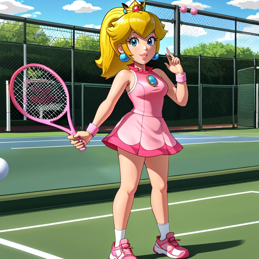 3D,3D render, global illumination, action shot, subsurface scattering, Princess_Peach (holding tennis racket),wearing pink tennis skirt, wearing chunky white sneakers, wearing white stockings, wearing cropped top, tennis ball, exposed stomach, 1girl, blonde hair, , simple background,
