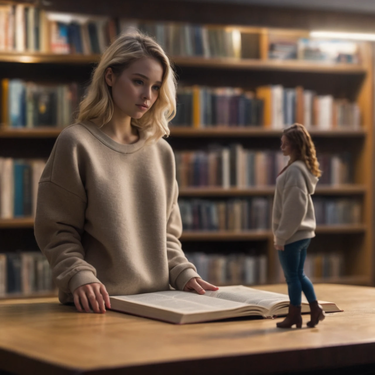 (best quality), (masterpiece), ultra-detailed, illustration, a scene involving one tiny (miniature:1.4) woman, looking at viewer, 30 year old, (huge loose oversized sweatshirt and loose jeans), (piercings), huge brown leather boots, 1girl, tiny, minigirl, miniature woman standing on a table, library, reading book, dynamic light, long blonde hair,Canadian face, 8k uhd, dslr, soft lighting, high quality, film grain, Fujifilm XT3, sharp focus, F/8.0, (long shot:1.2), <lora:shrunken:1.2>