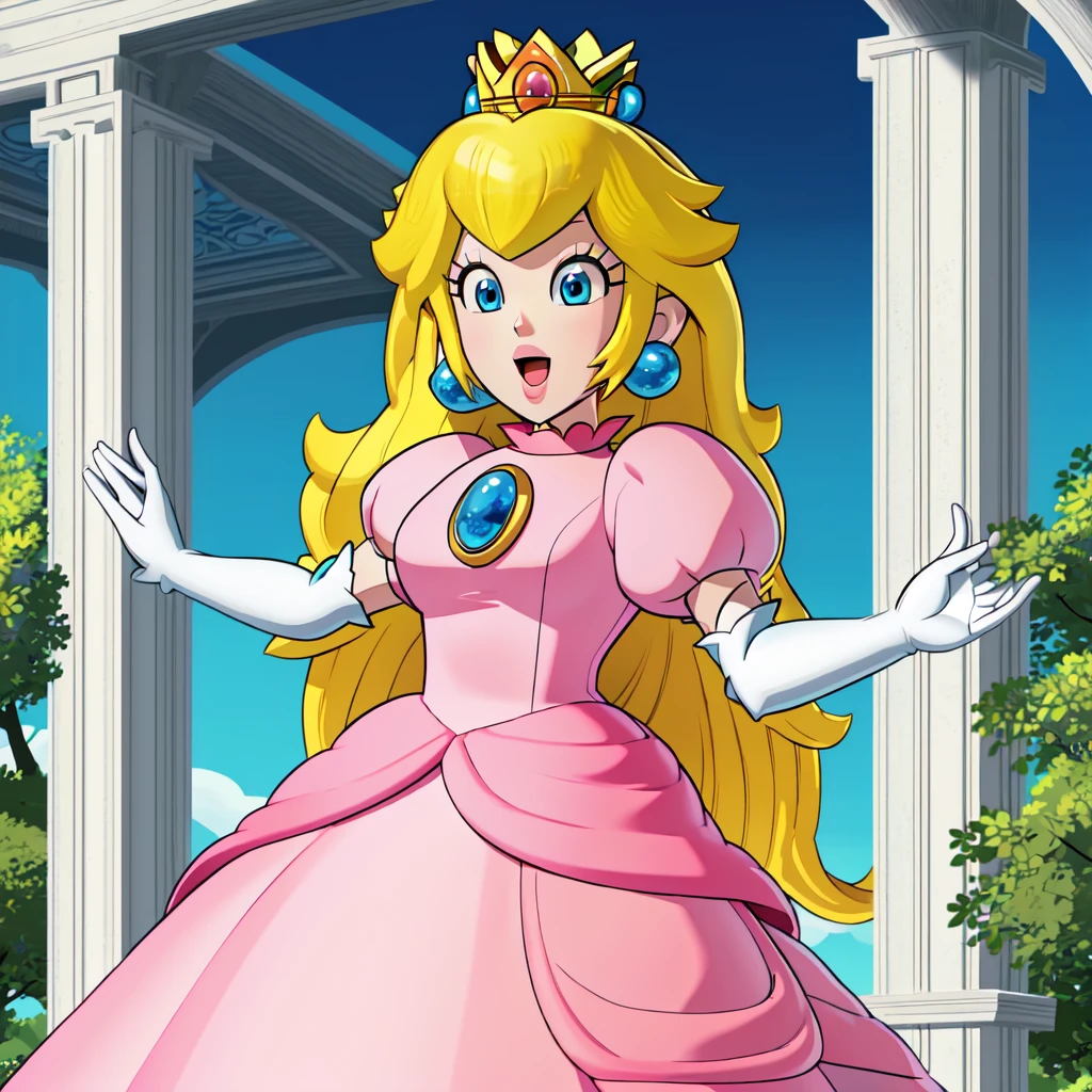 <lora:PrincessPeach1:1>, ((masterpiece)), best quality, outside, trees, blue sky, detailed, cartoon, detailed background, perfect anatomy, standing, 1girl, solo, long hair, open mouth, blue eyes, gloves, dress, blonde hair, jewelry, earrings, elbow gloves, crown, black background, pink dress, princess peach, puffy short sleeves,