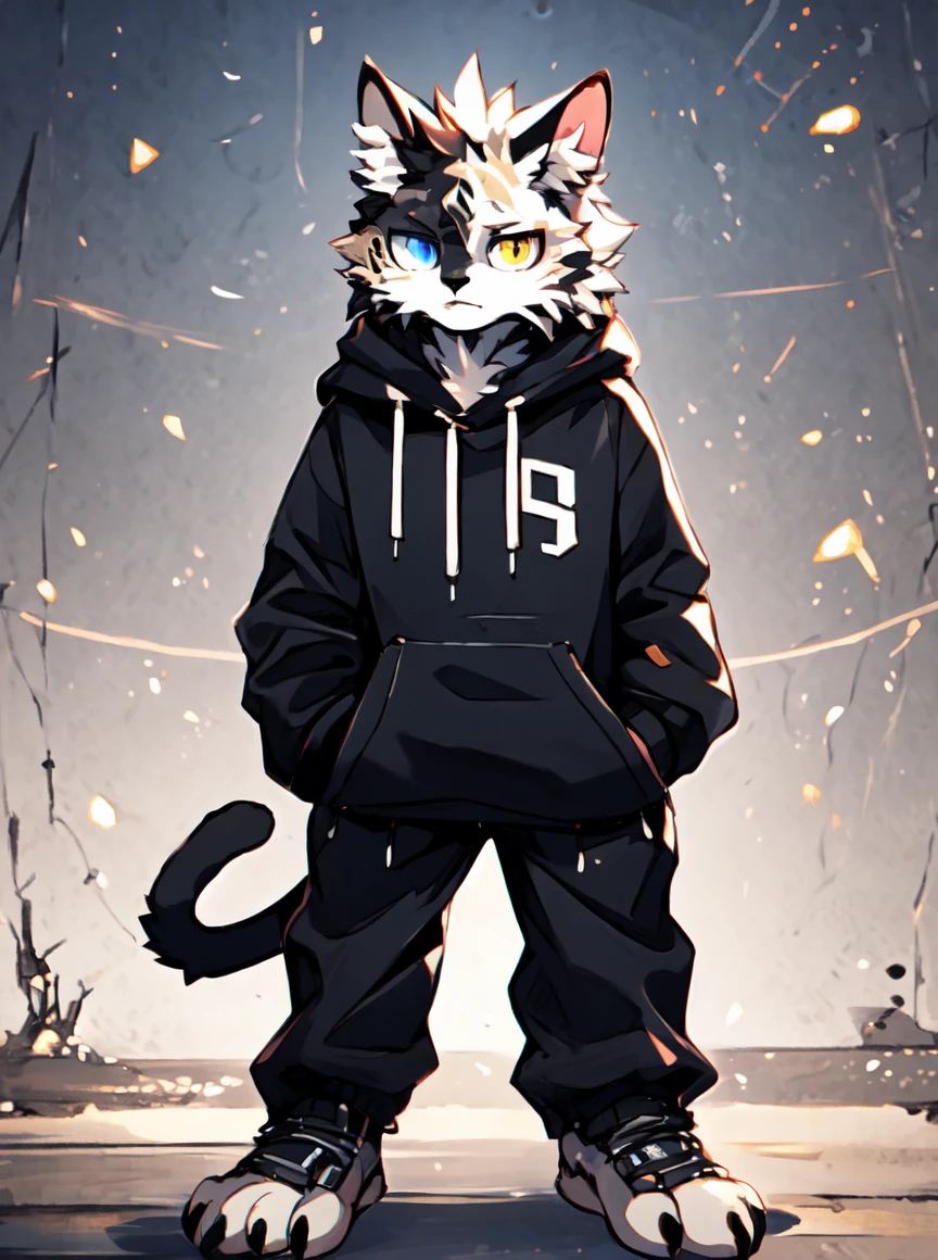 masterpiece, best quality, hires, <lora:Chimera_cat:0.8>, chimera_cat, feline, cat, divided face, half black, half white, solo, fullbody, anthro, furry, heterochromia