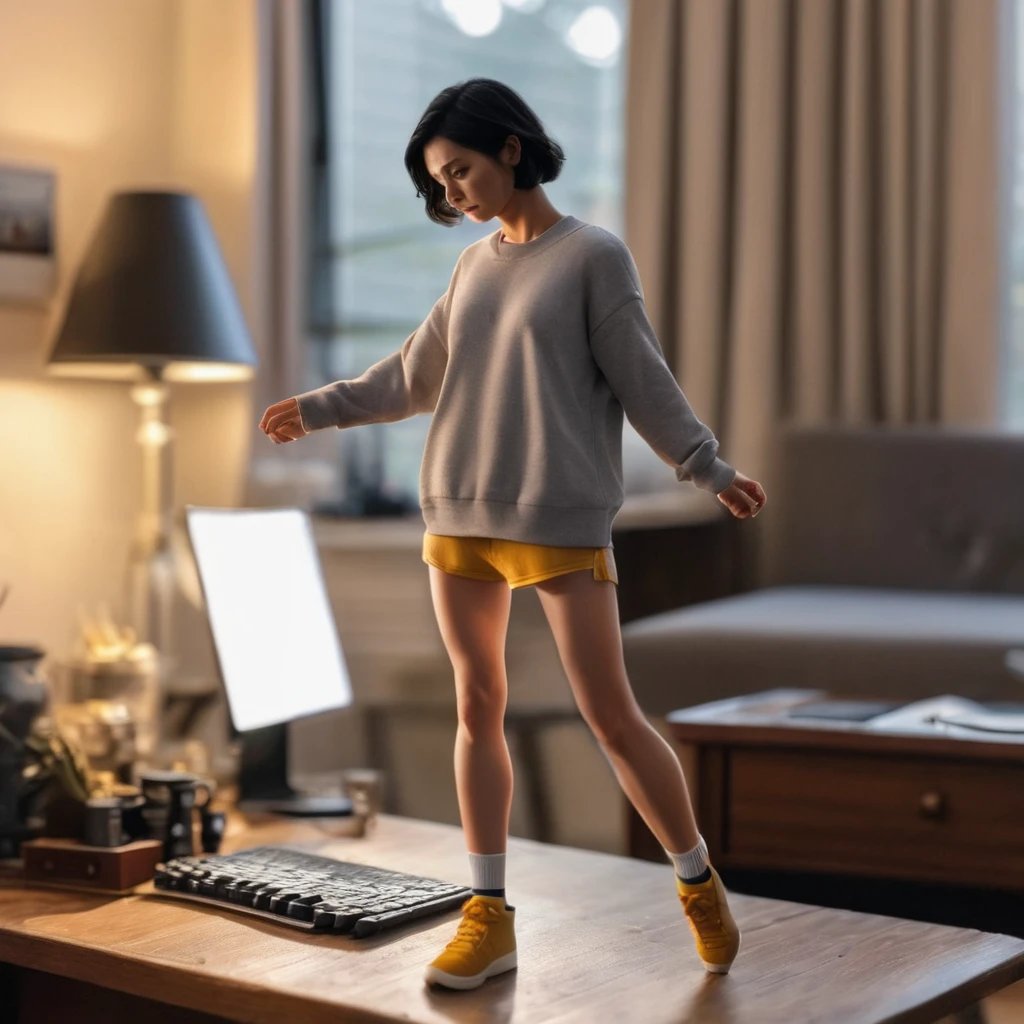 (best quality), (masterpiece), ultra-detailed, illustration, a scene involving one tiny (miniature:1.6) woman, looking at viewer, 30 year old, (huge loose oversized sweatshirt and loose shorts), wearing socks, miniature woman (standing on desk next to keyboard, lamp), living room, couch, sofa, lamp, curtains, wood floors, coffee table, side table, windows, apartment, dynamic light, combed back black hair, 8k uhd, dslr, soft lighting, high quality, film grain, Fujifilm XT3, sharp focus, F/8.0, <lora:shrunken:1>