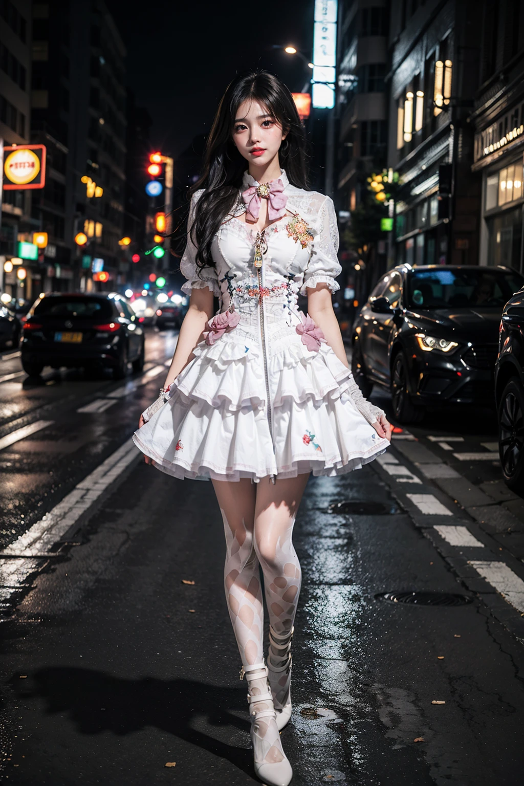 best quality, quality, masterpiece, photorealistic, 1girl, solo, long black hair, full body, standing, coo dress, front zipper dress, print legwear, bandage high heels, detailed background, in street, night, neon light, <lora:coo_dress_style3_v2:0.7>