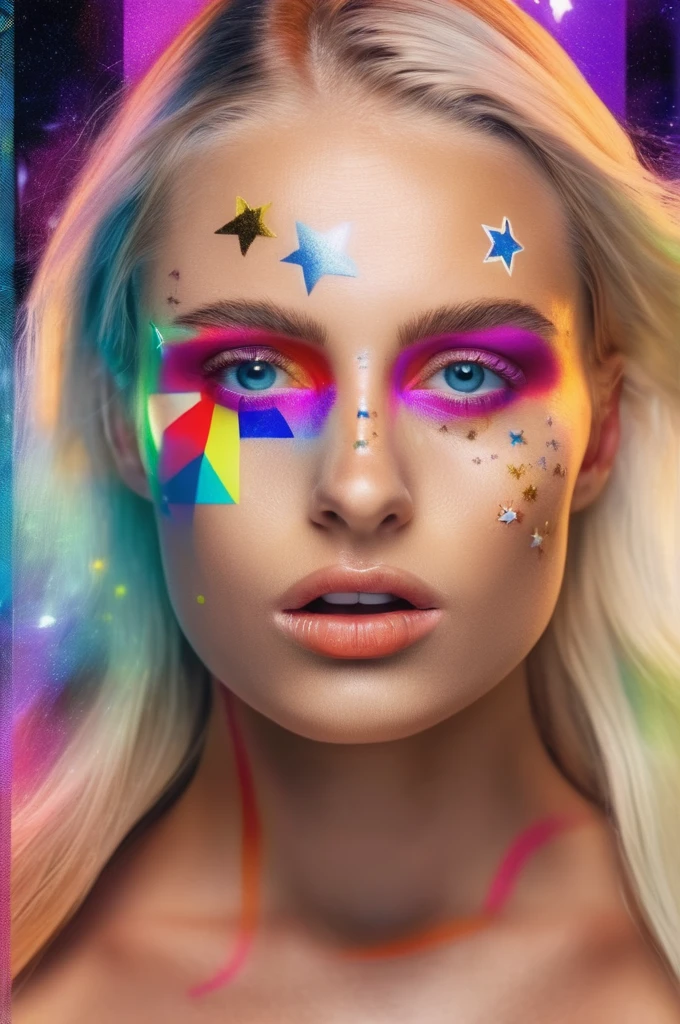 portrait photo of an 20 years old european blonde haired woman, style \(artistic makeup with colorful lines and circles and stars\), 8k, uhd, realistic, detailed skin, insane detailed, Illumination daylight,  <lora:makeup_050_cosine_iter2_ 0012_sdxl_10epoches_adafactor-step00006200:1>, open mouth