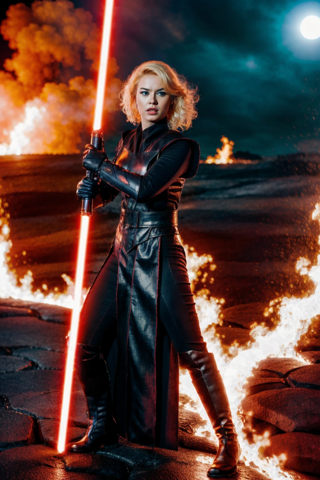 angry woman dressed in sthoutfit,on lava,blond hair,holding lightsaber<lora:sthoutfitV2:0.7>