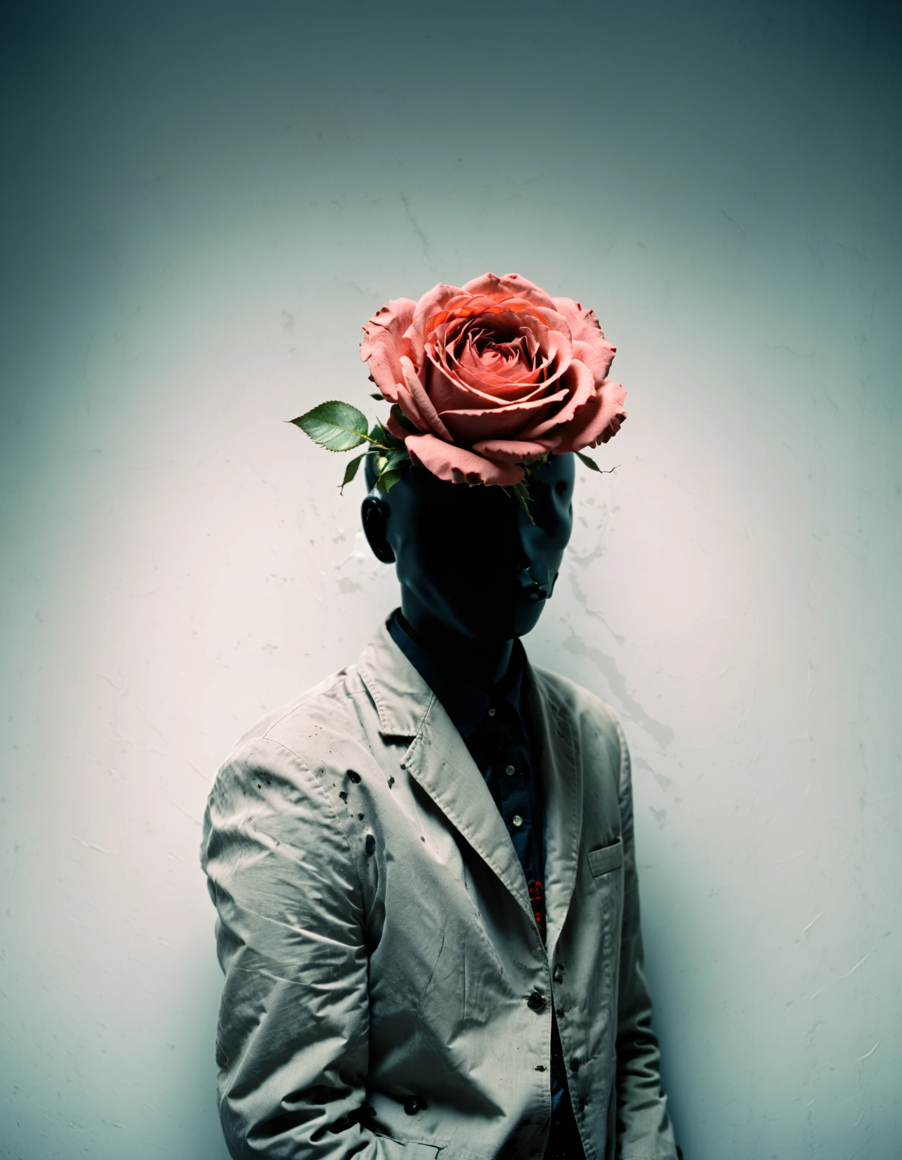 ( photograph of ( person with [ blank | void ] head :1.453 ) holding a rose) ([ eerie | unsettling | uncomfortable | disturbing | moody | haunting ]:1.3) (Director David Fincher style:1.1) (shot with Leica 16mm) ([ atmospheric | dark | melancholic | symbolic | provocative | gritty | experimental | introspective | enigmatic | raw emotion | visceral | stark contrasts | intimate | unconventional | cinematic poetry | evocative ]:0.5) ([ chiaroscuro | high contrast | deep shadows | bold silhouettes ]:0.4) ([ muted colors | color grading ]) ( minimalistic ) ([ symmetrical framing | visual symbolism | artful | cinematic | striking imagery ]:0.4) (film grain) (motion blur) <lora:Randommaxx_dark_offset_v1.1_lora_fp16:0.442> <lora:xl_more_art-full-beta2:1> <lora:SDXL Grab-Bag-2 - Gasmask Guys - Trigger is grbtw artstyle:1>