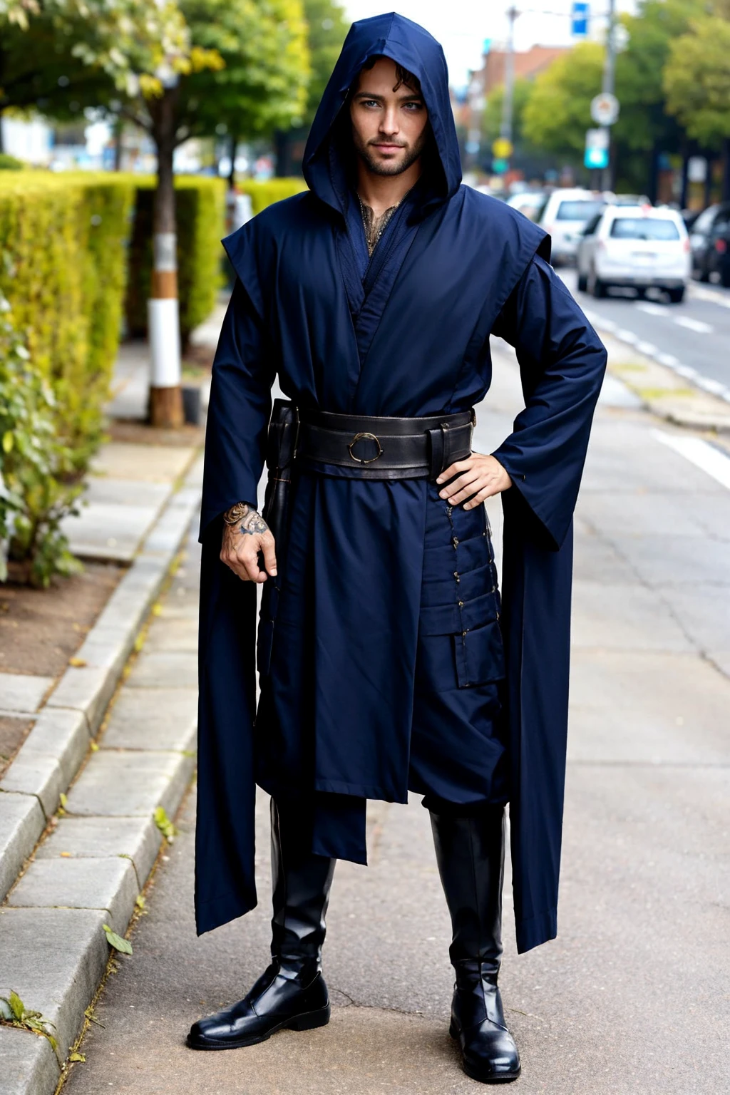 man dressed in sthoutfit,hood<lora:sthoutfitV2:0.7>