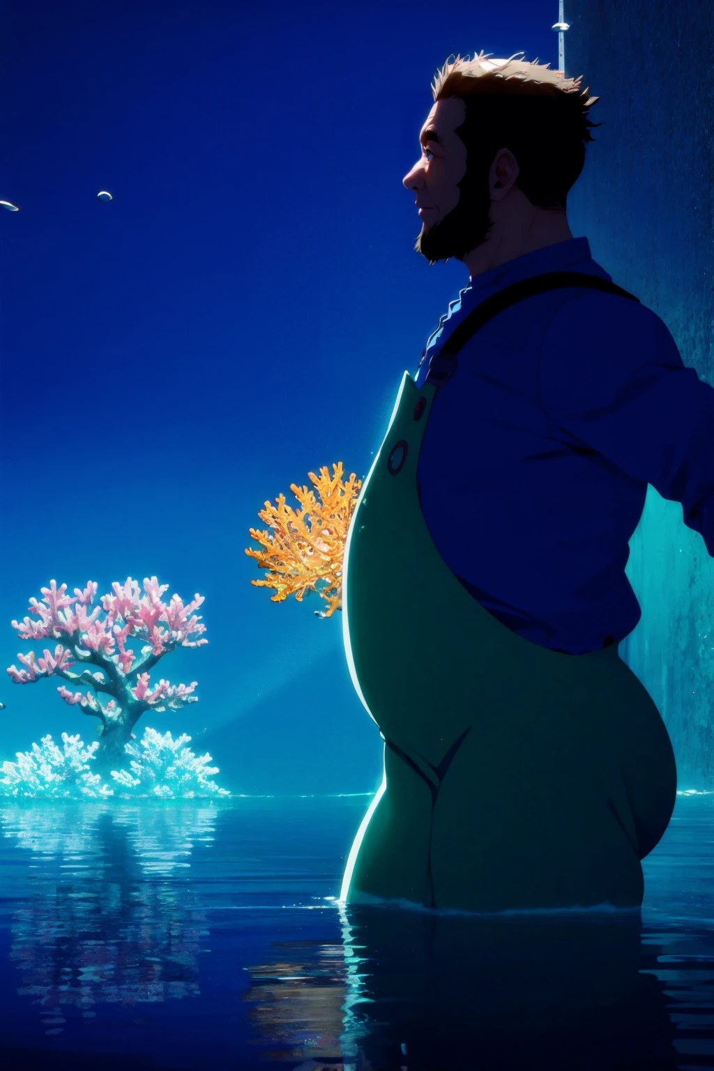 <lyco:umiyan_lora4:0.8> best quality, solo, old man, detailed hands, (light frown:1), frogfish anglerfish, coral reef, masterpiece, hand on belly, BREAK (aqua overalls, blue shirt:1.2), (hands down:1), (brown hair:0.8), (fat man:1.2), water drops, bayside with many ripples, (partially submerged:1), puddle reflection, (arm hair, body hair:1.1), green eyes, beard, sideburns, thick eyebrows, silhouette <lyco:Silhouette:0.8>