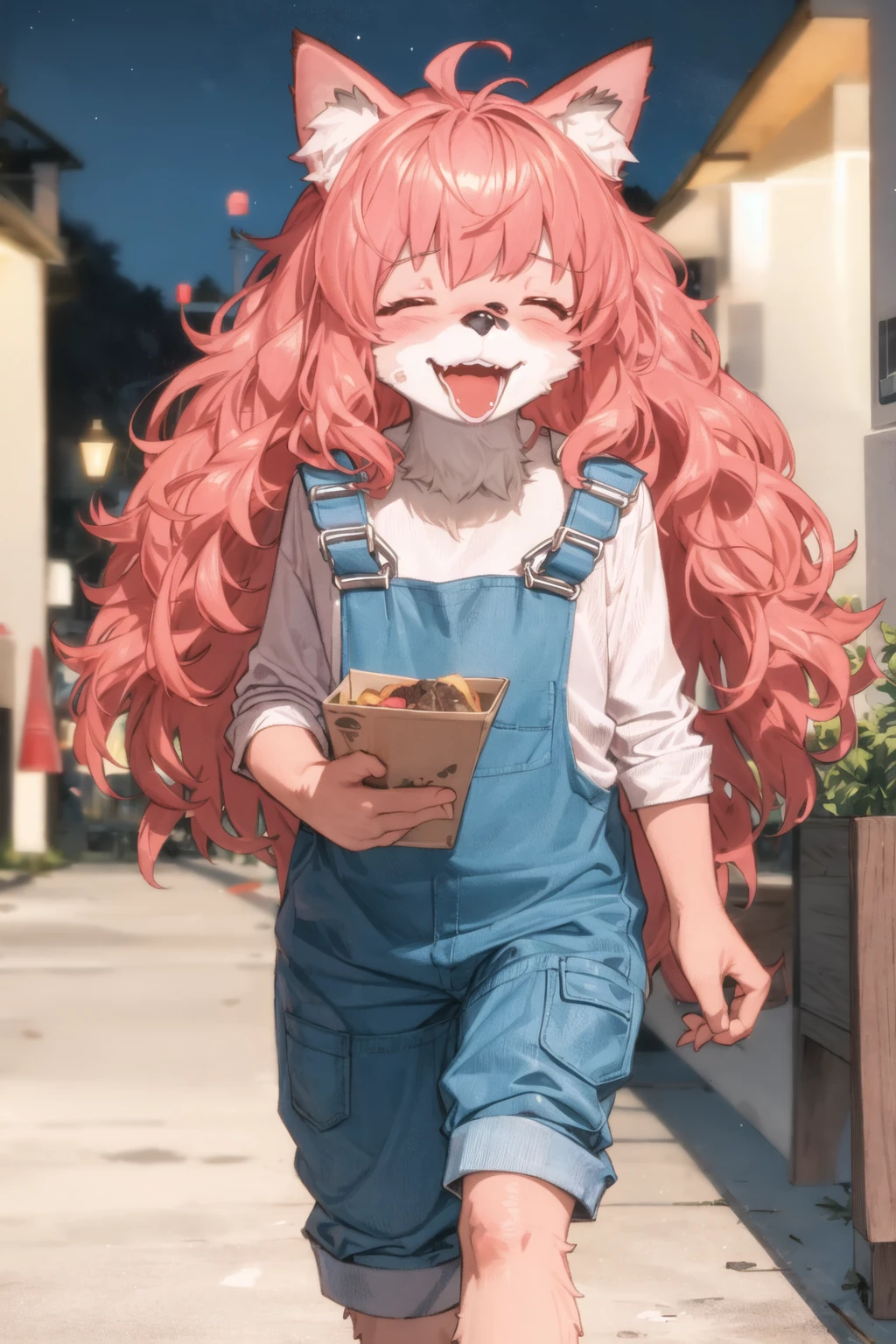 furchan, animal ears, medium hair, pink hair, body fur, tail, blue overalls, walking, smile, alley, night <lora:fur_chan v2.5-000002:1>