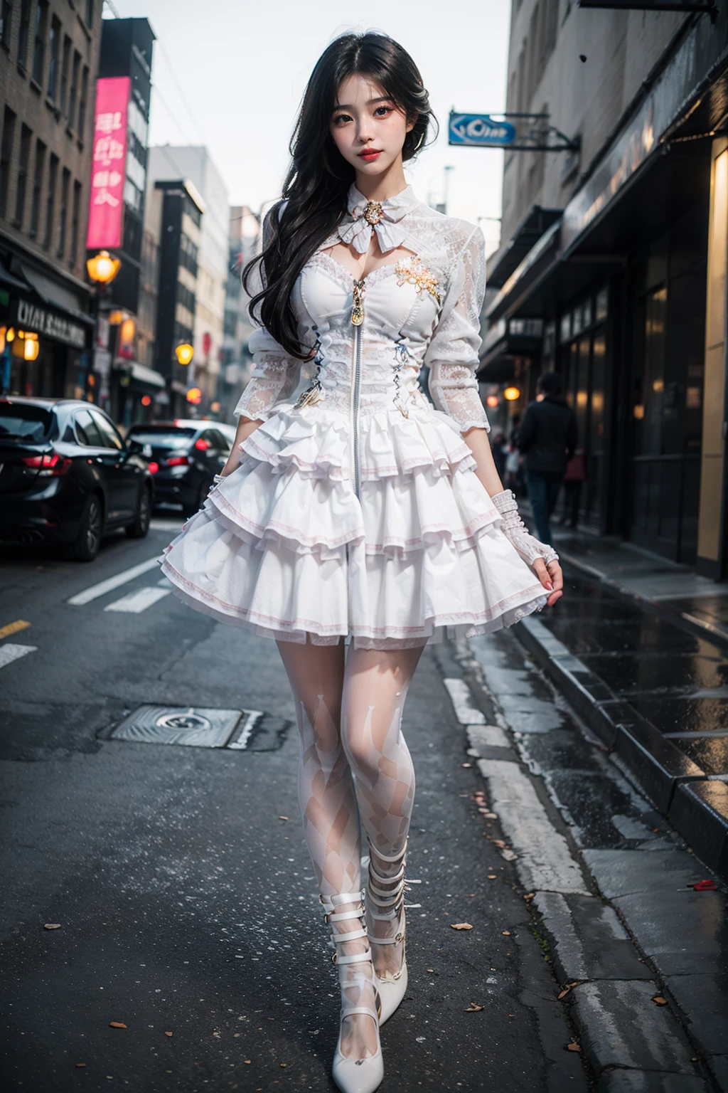 best quality, quality, masterpiece, photorealistic, 1girl, solo, long black hair, full body, standing, coo dress, front zipper dress, print legwear, bandage high heels, detailed background, in street, night, neon light, <lora:coo_dress_style3_v2:0.7>