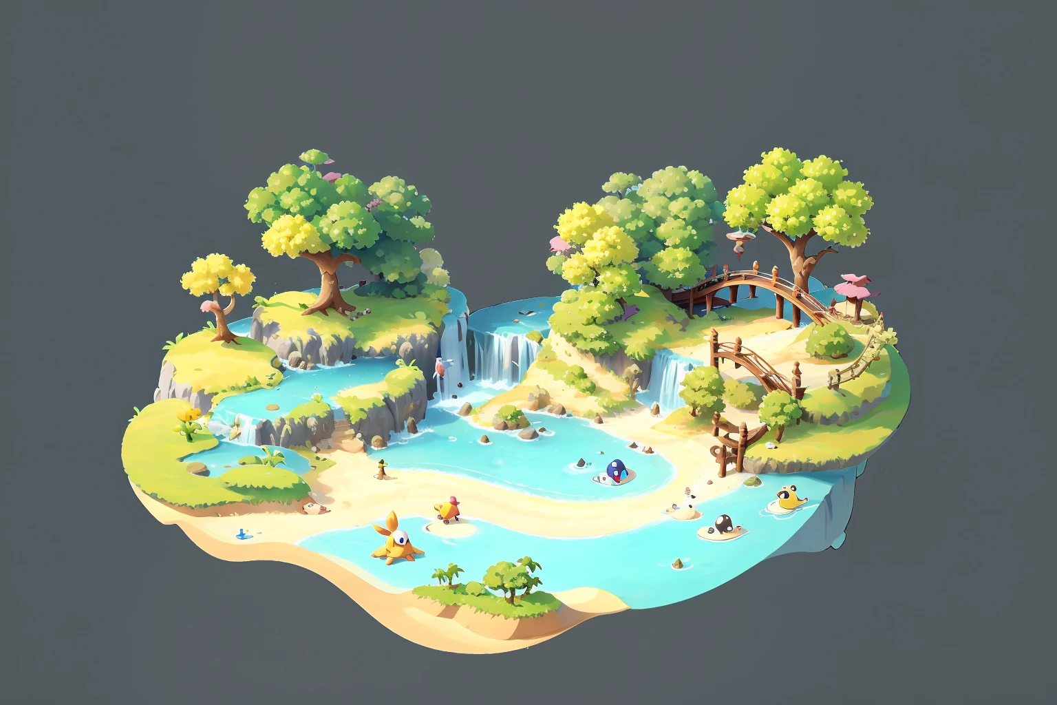 Concept art, top-down view, surface sand table, game scene sand table, tree, bridge, waterfall, pokemon (creature), grey background, water, river, outdoors, simple background, multiple girls, scenery<lora:shapan:0.8>,