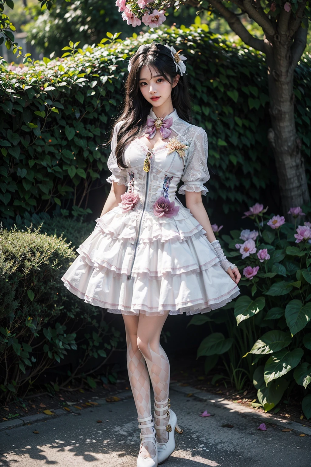 best quality, quality, masterpiece, photorealistic, 1girl, solo, long black hair, full body, standing, coo dress, front zipper dress, print legwear, bandage high heels, detailed background, in garden, flower, <lora:coo_dress_style3_v2:0.7>