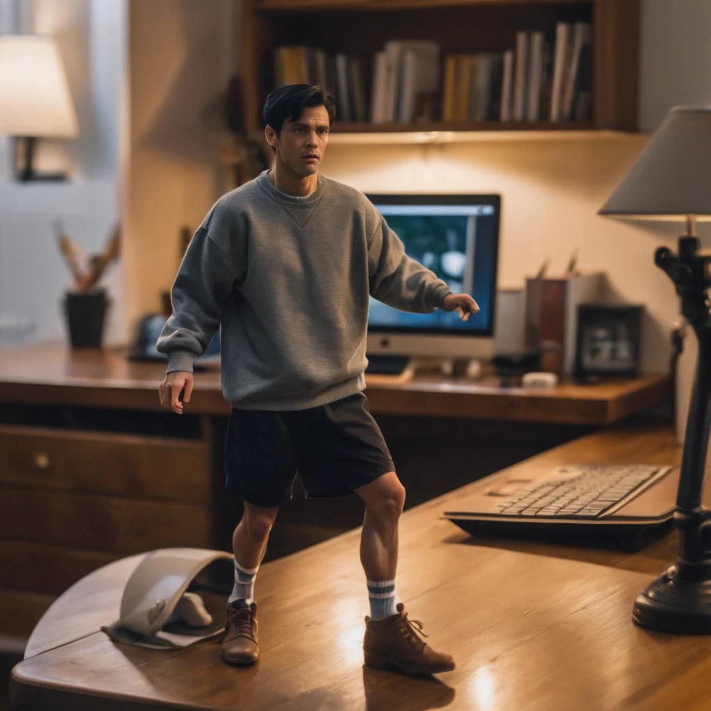 (best quality), (masterpiece), ultra-detailed, illustration, a scene involving one tiny (miniature:1.6) man, looking at viewer, 30 year old, (huge loose oversized sweatshirt and loose shorts), wearing socks, miniature man (standing on desk next to keyboard, lamp), living room, couch, sofa, lamp, curtains, wood floors, coffee table, side table, windows, apartment, dynamic light, combed back black hair, Scottish face, 8k uhd, dslr, soft lighting, high quality, film grain, Fujifilm XT3, sharp focus, F/8.0, <lora:shrunken:0.8>