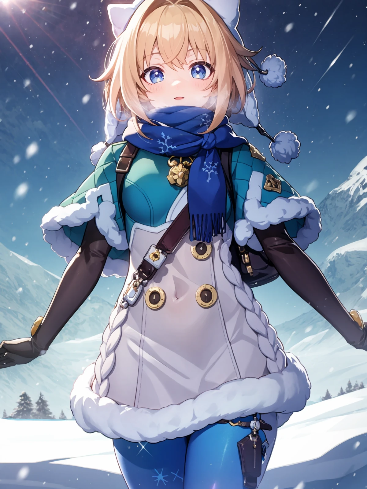 (extremely detailed CG), (best quality), 1girl, perfect face, absurdly long hair, bright pupils, (finely detailed beautiful eyes), shiny skin, lustrous skin, wide hips, narrow waist, Lynx Landau, elbow gloves, scarf, fur trim, winter clothes, fur-trimmed capelet, print pantyhose, pom pom (clothes), backpack, fur-trimmed boots, white headwear, panoramic view, mountainous horizon, snowing,  <lora:LynxLandau:0.7>