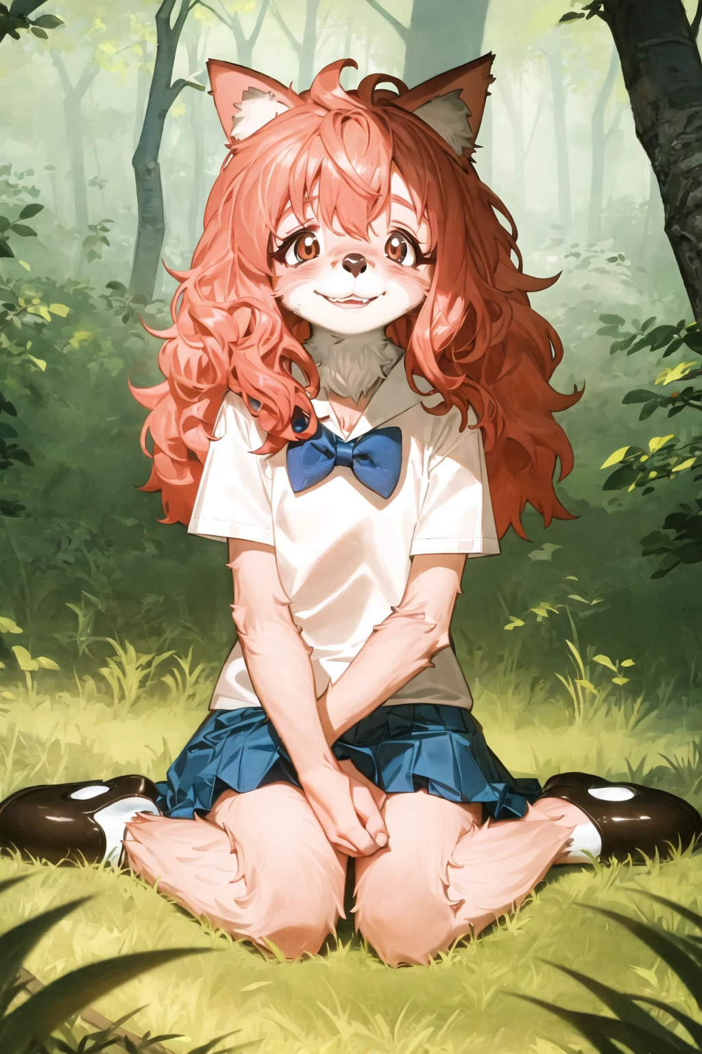 furchan, animal ears, medium hair, pink hair, body fur, tail, white shirt, blue skirt, bow, mary janes, sitting, smile, forest,  <lora:fur_chan v2.5-000002:1>