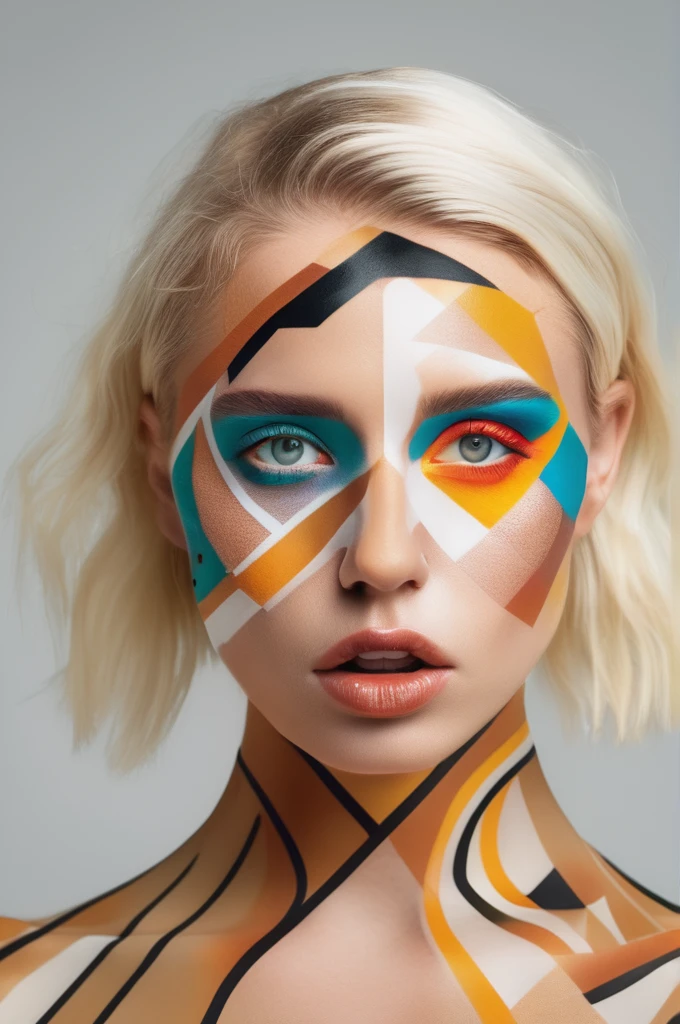 portrait photo of an 20 years old european blonde haired woman, style \(artistic makeup with geometric lines and circles\), 8k, uhd, realistic, detailed skin, insane detailed, Illumination daylight, <lora:makeup_050_cosine_iter2_ 0012_sdxl_10epoches_adafactor-step00006200:1>, open mouth