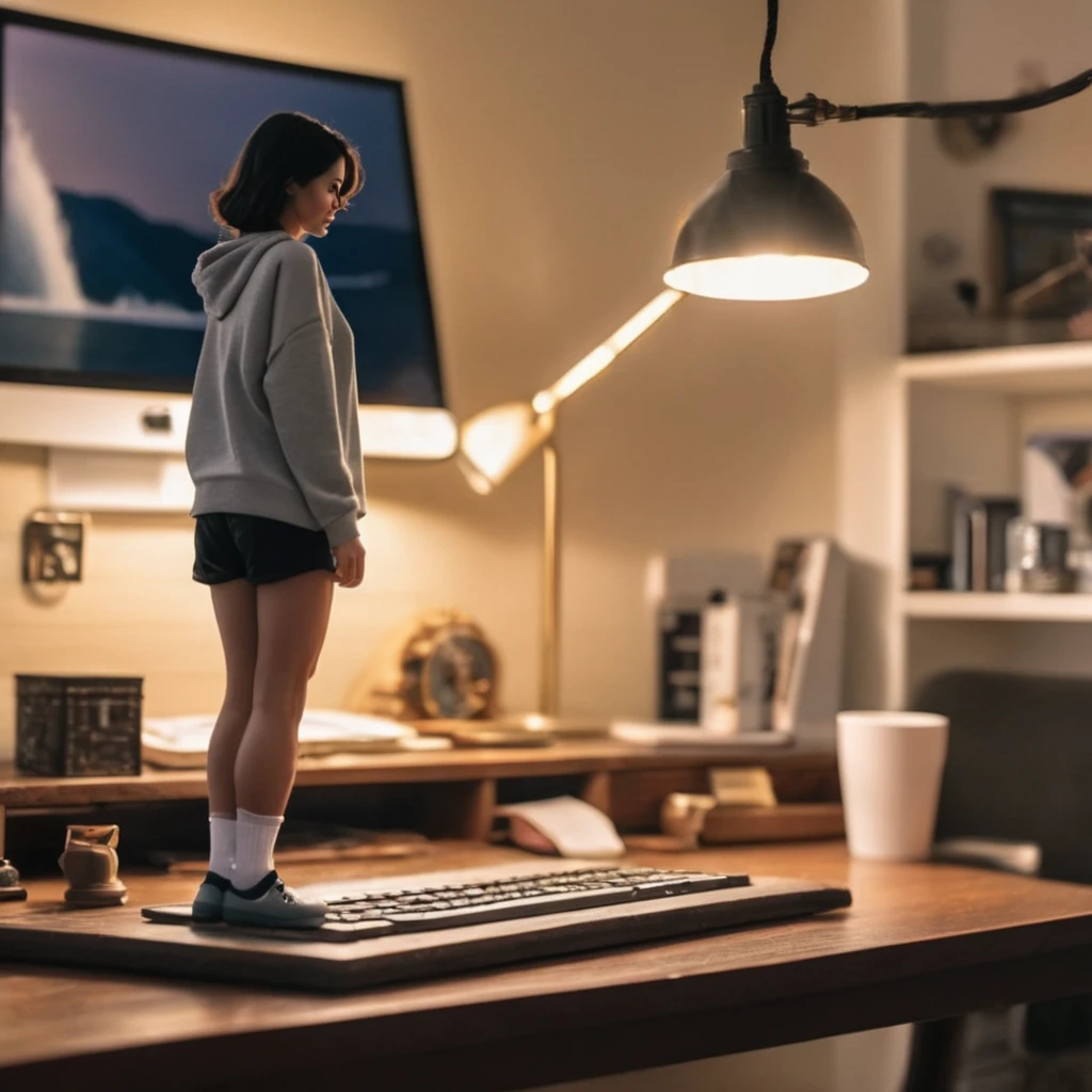 (best quality), (masterpiece), ultra-detailed, illustration, a scene involving one tiny (miniature:1.6) woman, looking at viewer, 30 year old, (huge loose oversized sweatshirt and loose shorts), wearing socks, miniature woman (standing on desk next to keyboard, lamp), living room, couch, sofa, lamp, curtains, wood floors, coffee table, side table, windows, apartment, dynamic light, combed back black hair, 8k uhd, dslr, soft lighting, high quality, film grain, Fujifilm XT3, sharp focus, F/8.0, <lora:shrunken:1>