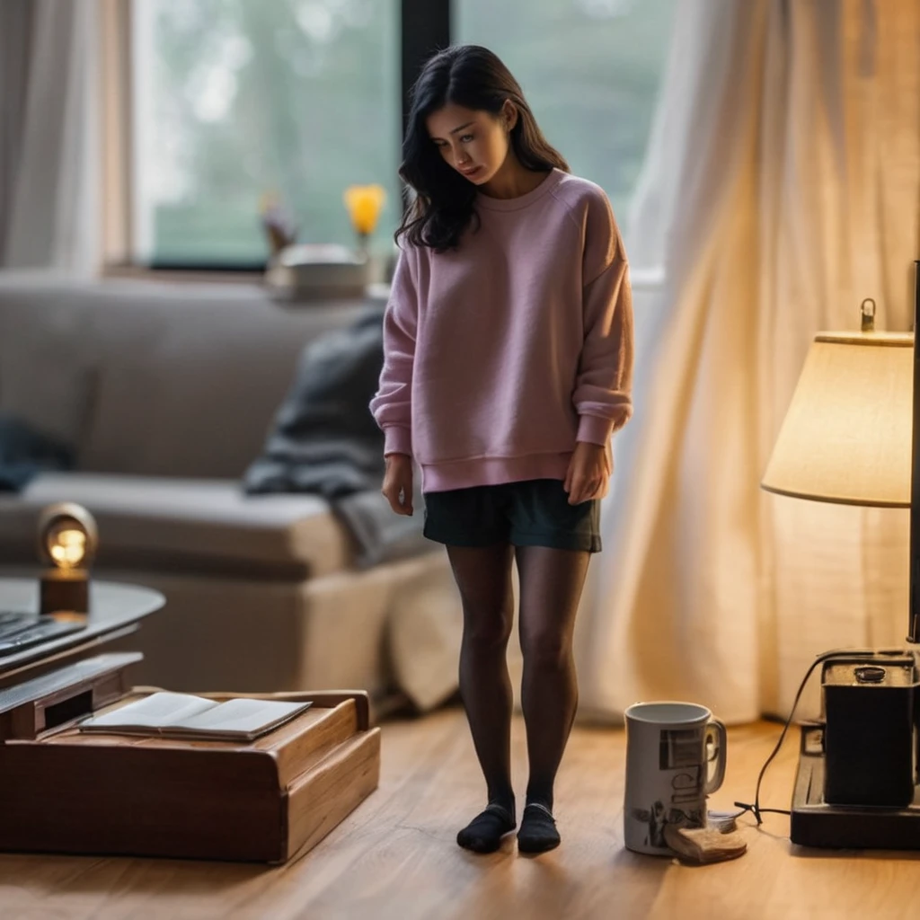 (best quality), (masterpiece), ultra-detailed, illustration, a scene involving one tiny (miniature:1.6) woman, looking at viewer, 30 year old, (huge loose oversized sweatshirt and loose shorts),  wearing socks, miniature woman (standing on desk next to keyboard, lamp), living room, couch, sofa, lamp, curtains, wood floors, coffee table, side table, windows, apartment, dynamic light, combed back black hair, 8k uhd, dslr, soft lighting, high quality, film grain, Fujifilm XT3, sharp focus, F/8.0,  <lora:shrunken:1>