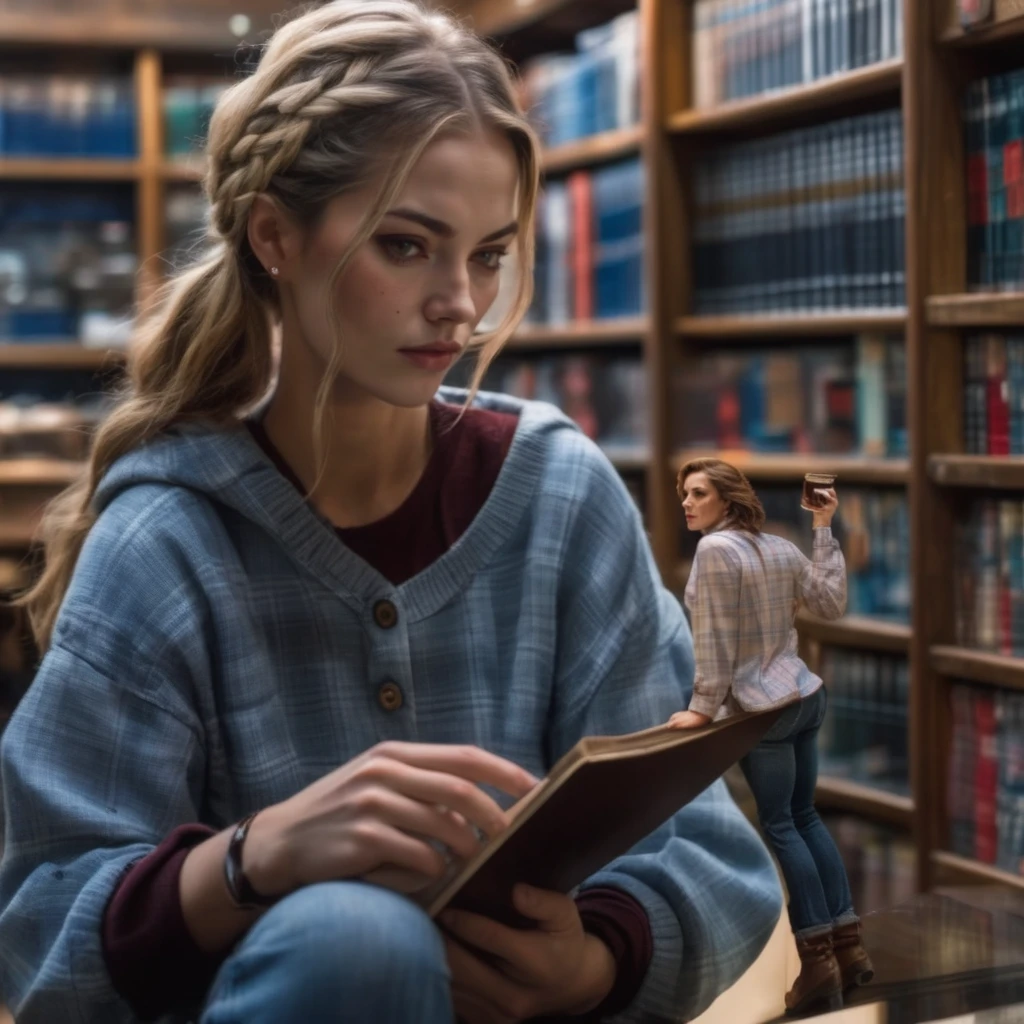 (best quality), (masterpiece), ultra-detailed, illustration, a scene involving one tiny (miniature,shrunken) woman, looking at viewer, 30 year old, long brown braided hair, (red tight button down sleeveless plaid shirt), (blue ripped jean pants), (tattoos), (piercings), brown leather boots,  standing inside coffee shop, looking up at counter, busy shop, baristas, chairs, tables, shelves of merchandise, dynamic light, dynamic pose, dynamic light, tall long faux hawk hair, Scottish-German face, 8k uhd, dslr, soft lighting, high quality, film grain, Fujifilm XT3, sharp focus, F/8.0, (long shot:1.2),  <lora:shrunken:0.6>