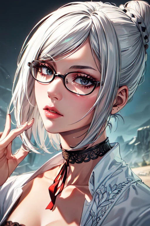 (masterpiece:1.2), (best quality), (ultra detailed), (8k, 4k, intricate),(half body:1.2),(cowboy:1.2),(highly detailed:1.2),(detailed face:1.2), (detailed background),(portrait),detailed landscape,(dynamic pose:1.2),<lora:more_details:0.5>,  <lora:meiko:0.7>meiko 1girl, solo, looking at viewer, short hair,black eyes, collarbone, white hair, glasses, choker, hair bun, lips, single hair bun