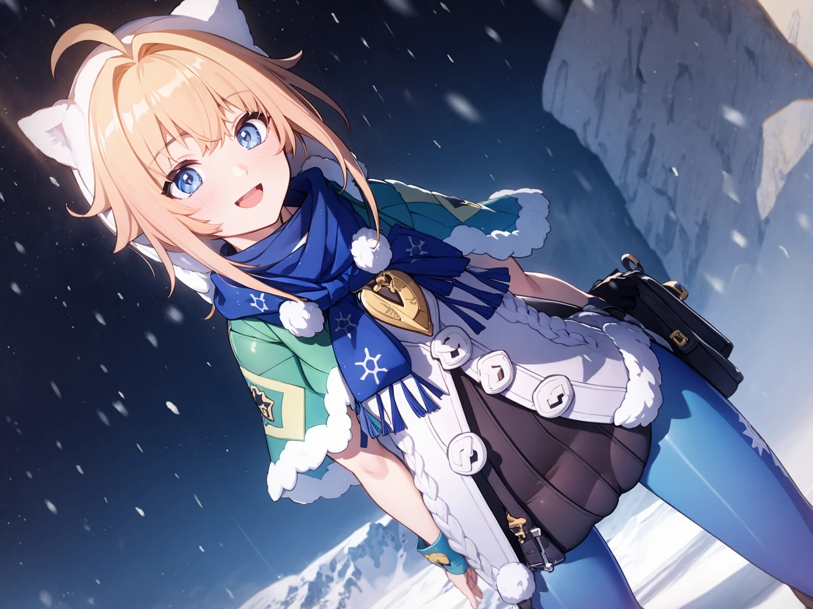 (extremely detailed CG), (best quality), 1girl, perfect face, absurdly long hair, bright pupils, (finely detailed beautiful eyes), shiny skin, lustrous skin, wide hips, narrow waist, Lynx Landau, scarf, fur trim, winter clothes, fur-trimmed capelet, print pantyhose, pom pom (clothes), backpack, fur-trimmed boots, white headwear, panoramic view, mountainous horizon, snowing,  :d<lora:LynxLandau:0.7>