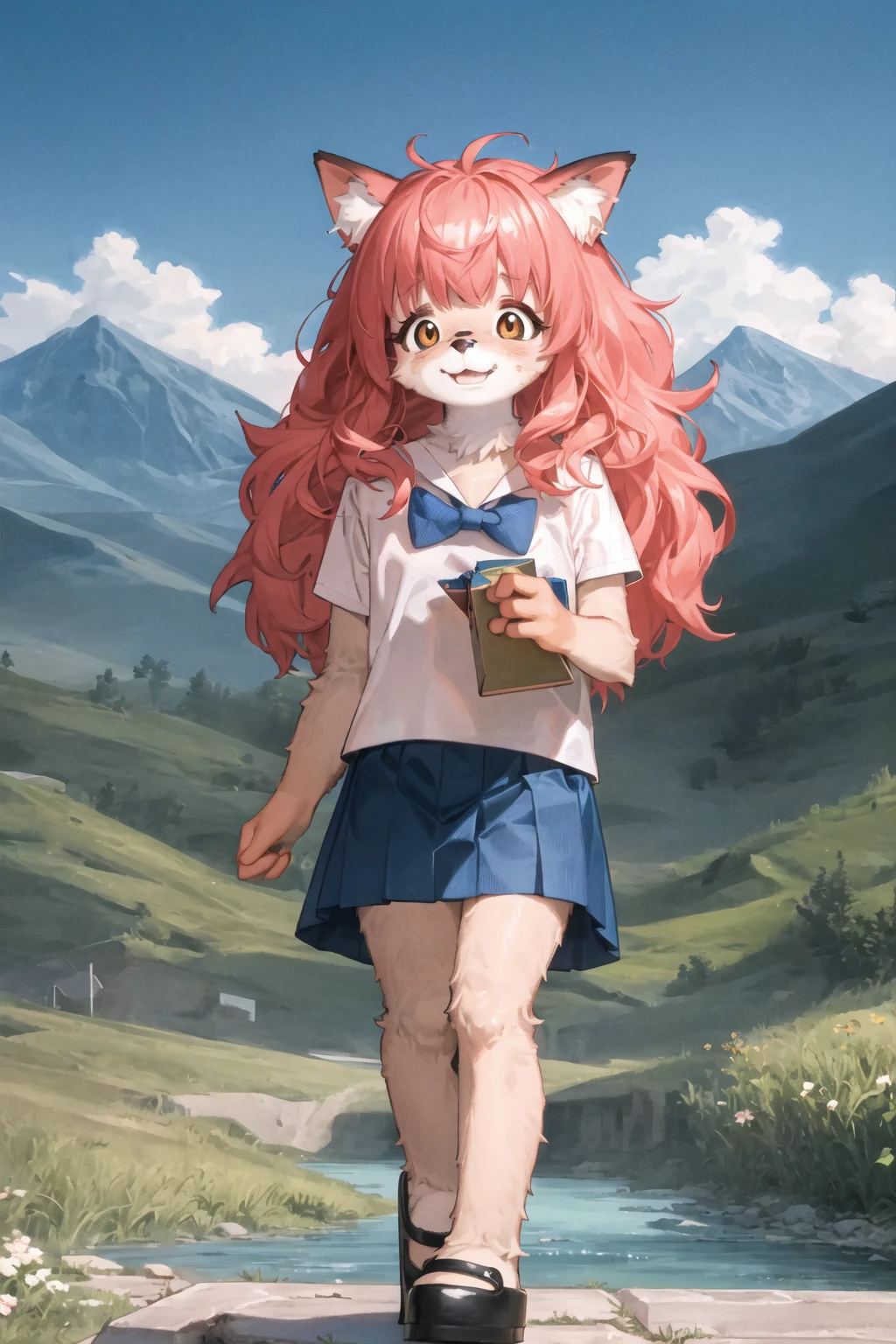 furchan, animal ears, medium hair, pink hair, body fur, tail, white shirt, blue skirt, bow, mary janes, walking, smile, mountain, river, night <lora:fur_chan v2.5-000002:1>