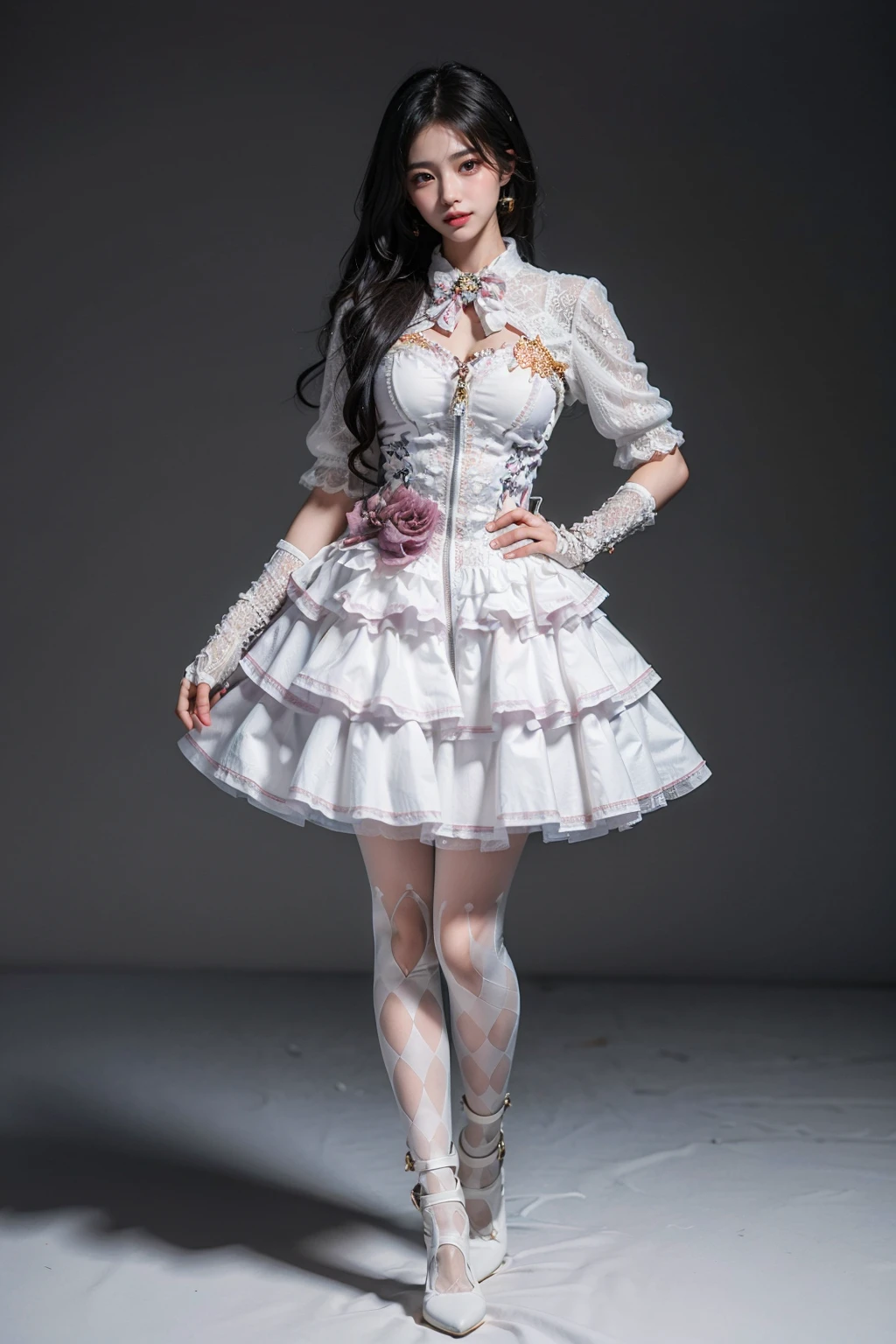 best quality, quality, masterpiece, photorealistic, 1girl, solo, long black hair, full body, standing, coo dress, front zipper dress, print legwear, bandage high heels, simple background, <lora:coo_dress_style3_v2:0.7>