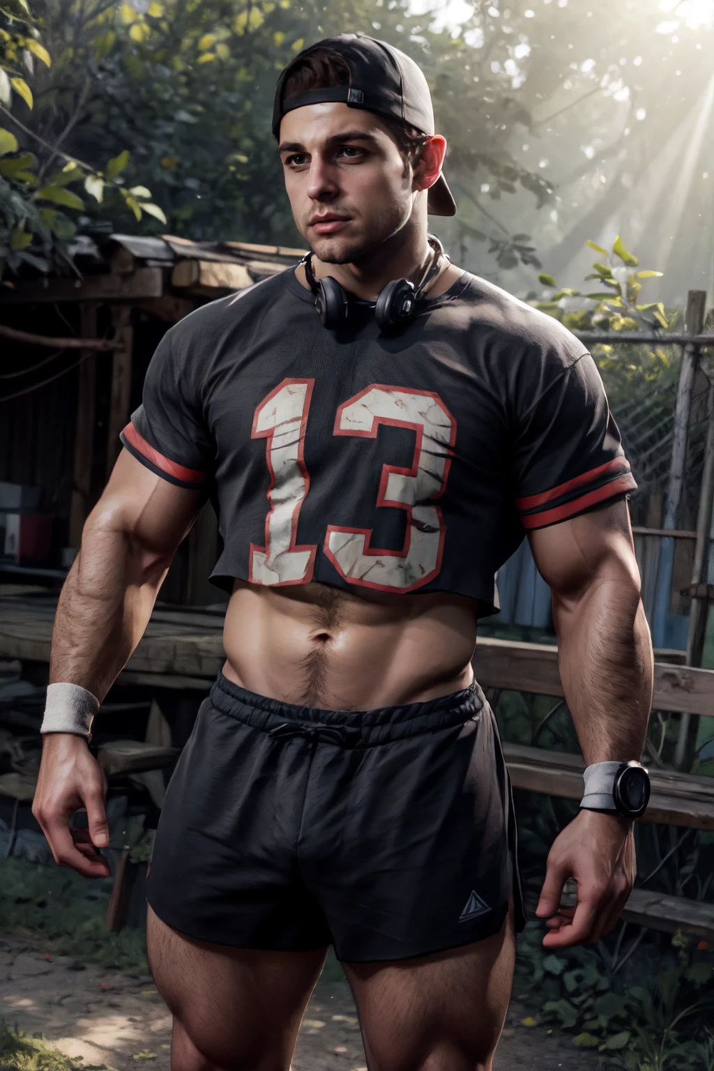 solo, photo of young 80s_jacob_cutos <lora:jacob_custos-10:0.75>, outdoors, (summer camp background), jock, number on shirt, wristband, crop top, headphones, shorts, short hair, brown eyes, cap, backlighting, best quality, masterpiece, realistic, cinematic composition, (detailed background), depth of field, intricate details, 8k, detailed skin texture, detailed face, realistic eyes, male focus