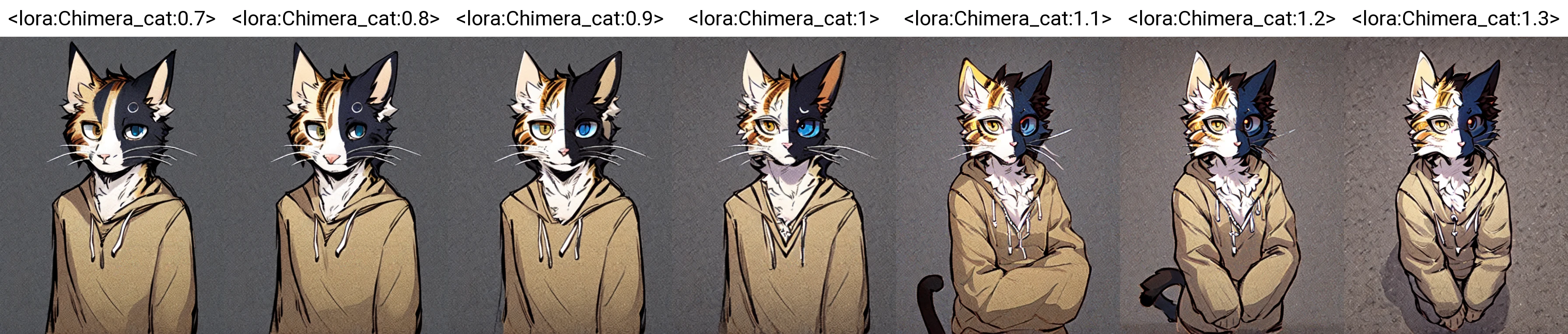 <lora:Chimera_cat:0.7>, chimera_cat, feline, anthro, furry, cat, divided face, half white, half black,solo