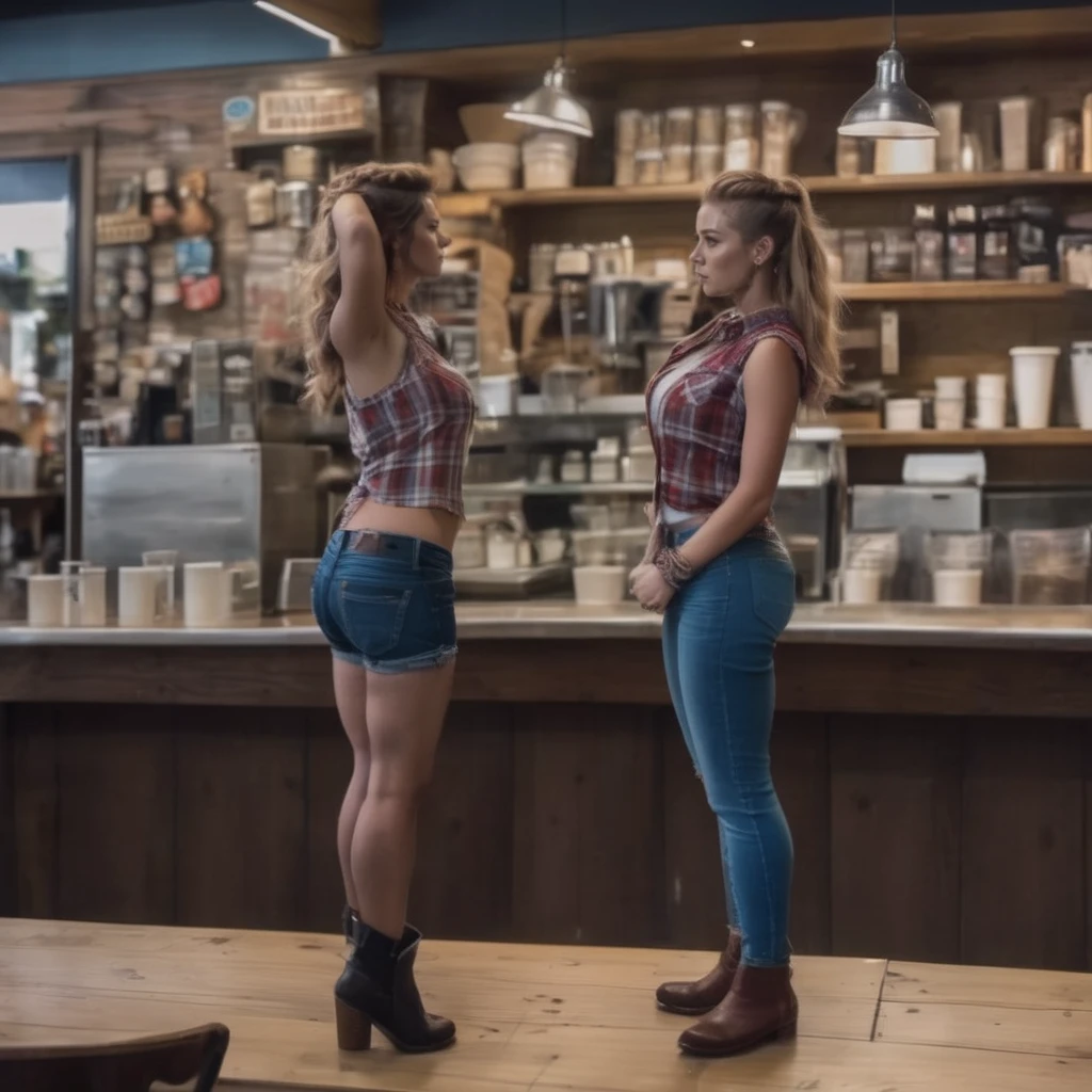 (best quality), (masterpiece), ultra-detailed, illustration, a scene involving one tiny (miniature:1.6) woman, looking at viewer, 30 year old, long brown braided hair, (red tight button down sleeveless plaid shirt), (blue ripped jean pants), (tattoos), (piercings), brown leather boots, standing inside coffee shop, looking up at counter, busy shop, baristas, chairs, tables, shelves of merchandise, dynamic light, dynamic pose, dynamic light, tall long faux hawk hair, Scottish-German face, 8k uhd, dslr, soft lighting, high quality, film grain, Fujifilm XT3, sharp focus, F/8.0, (long shot:1.2), <lora:shrunken:0.3>