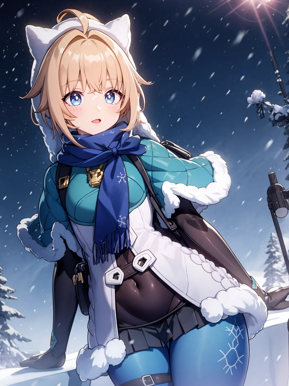 (extremely detailed CG), (best quality), 1girl, perfect face, absurdly long hair, bright pupils, (finely detailed beautiful eyes), shiny skin, lustrous skin, wide hips, narrow waist, Lynx Landau, scarf, fur trim, winter clothes, fur-trimmed capelet, print pantyhose, pom pom (clothes), backpack, fur-trimmed boots, white headwear, panoramic view, mountainous horizon, snowing,  <lora:LynxLandau:0.7>