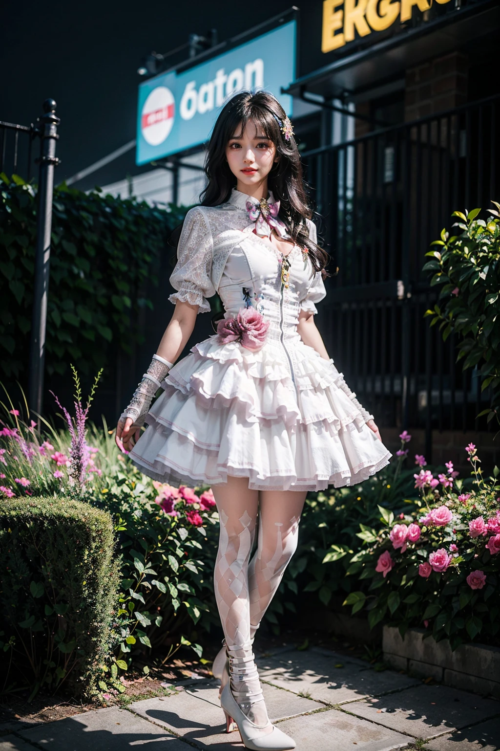 best quality, quality, masterpiece, photorealistic, 1girl, solo, long black hair, full body, standing, coo dress, front zipper dress, print legwear, bandage high heels, detailed background, in garden, night, neon light, <lora:coo_dress_style3_v2:0.7>