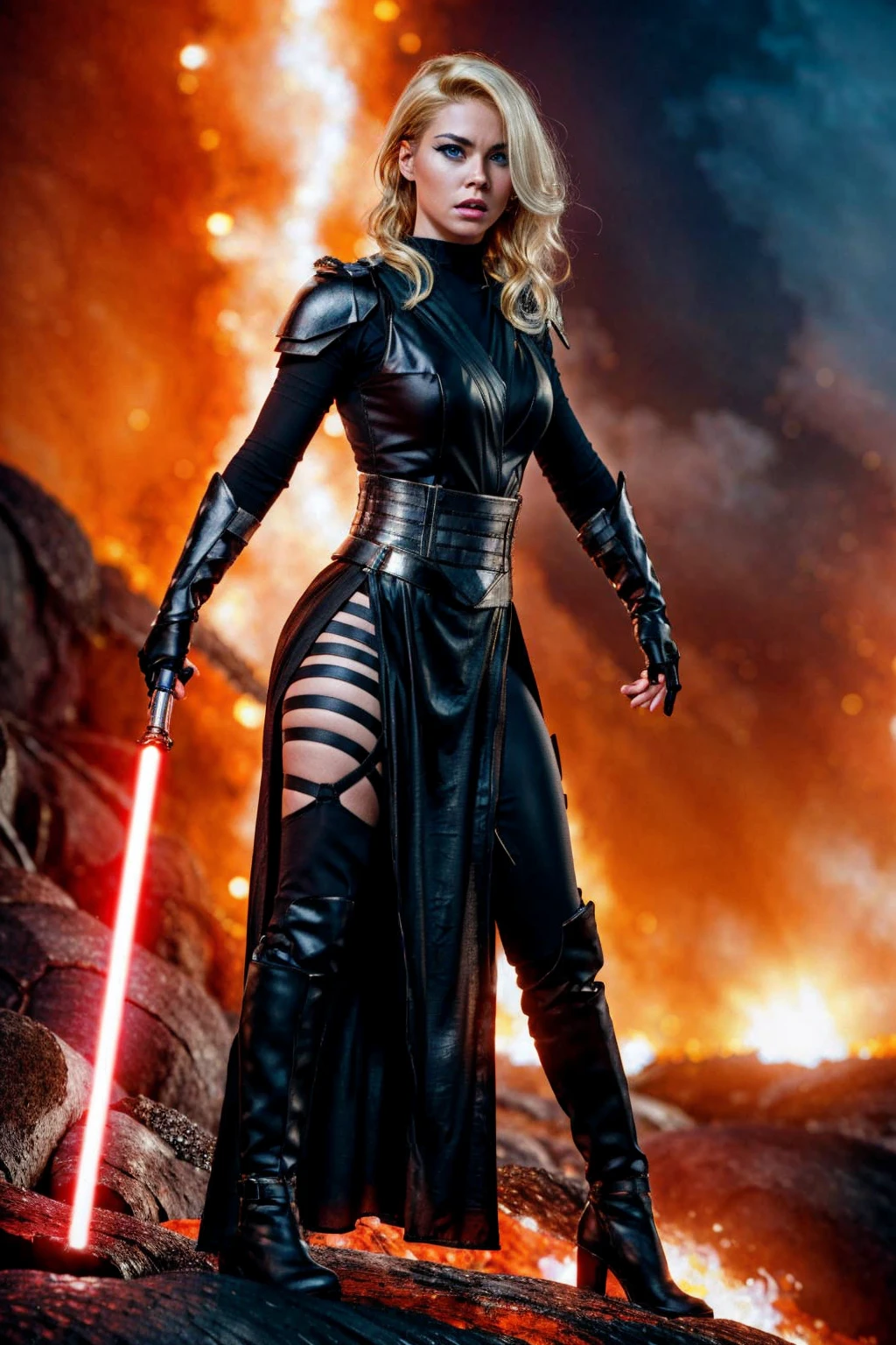 angry woman dressed in sthoutfit,on lava,blond hair,holding lightsaber<lora:sthoutfitV2:0.7>