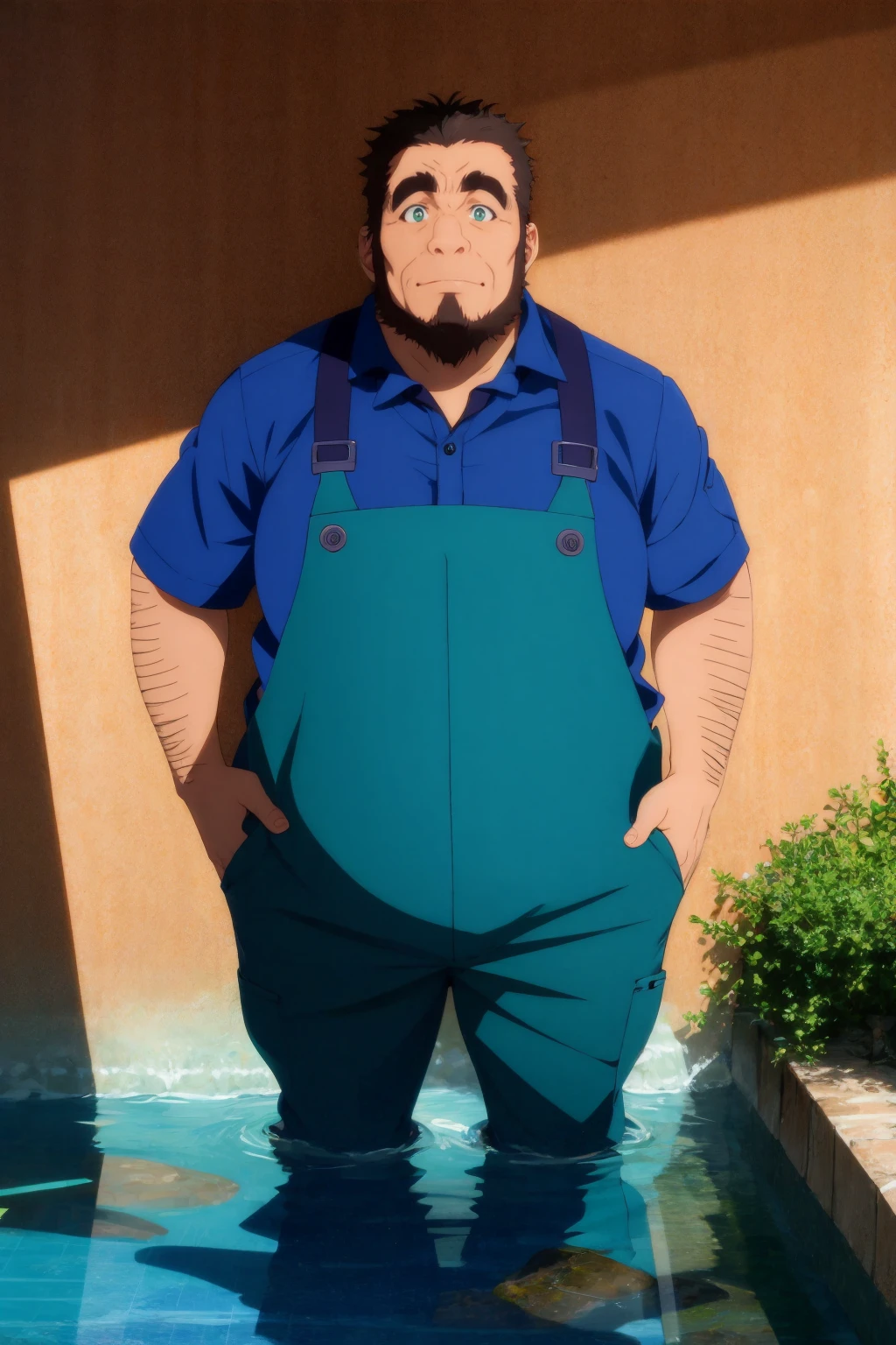 <lyco:umiyan_lora4:0.8> best quality, solo, detailed hands, (blush:1), yellow frogfish anglerfish, brain coral, masterpiece, hand on belly, (aqua overalls, blue shirt:1.1), (hands down:1), (brown hair:0.7), fat man, BREAK water drops, bayside with many ripples, (partially submerged:1), puddle reflection, (arm hair, body hair:1.1), green eyes, beard, thick eyebrows